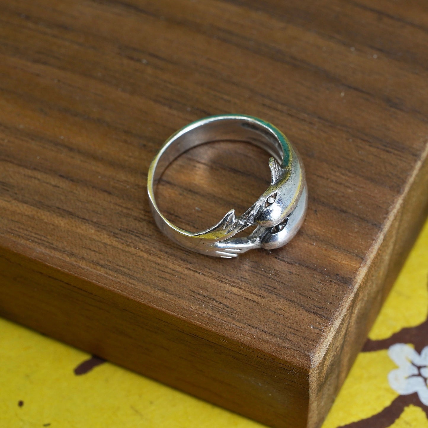 Size 7, vintage Sterling silver handmade ring, 925 double dolphin band