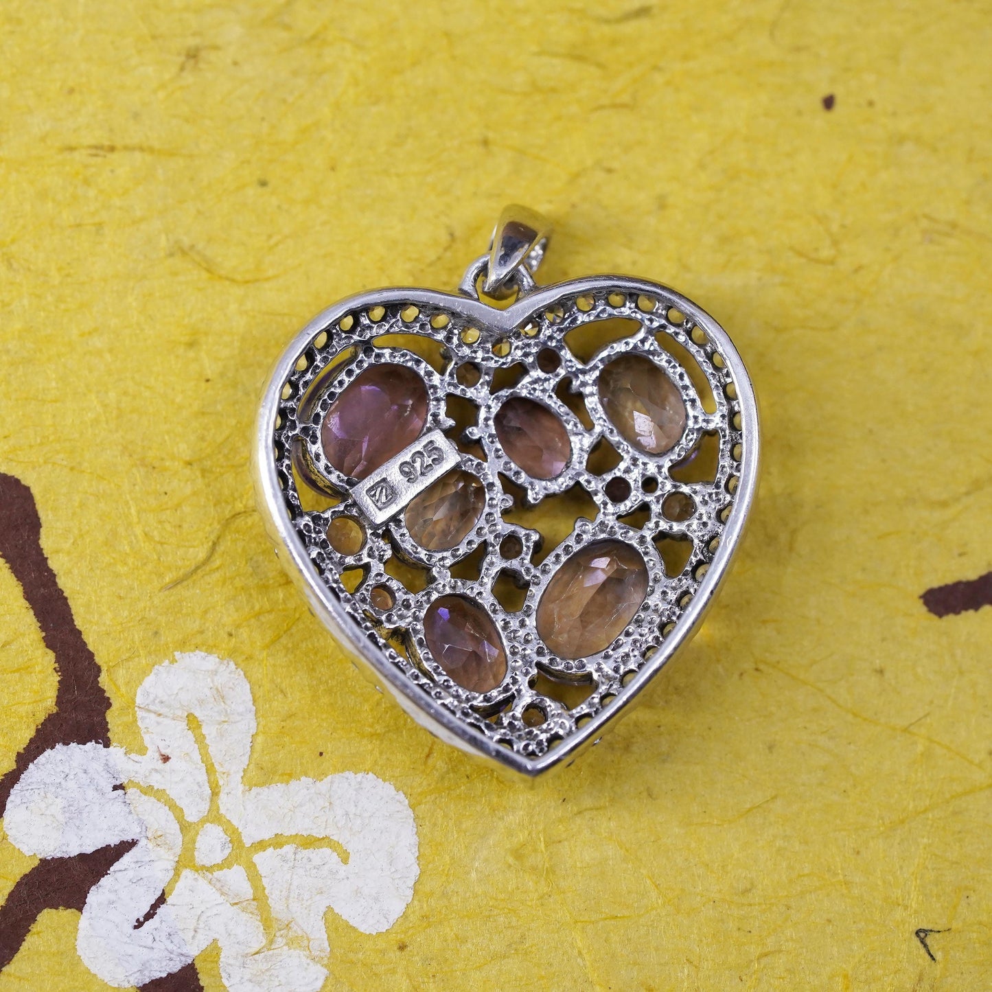 Vintage Sterling 925 silver handmade heart pendant with amethyst and cluster cz