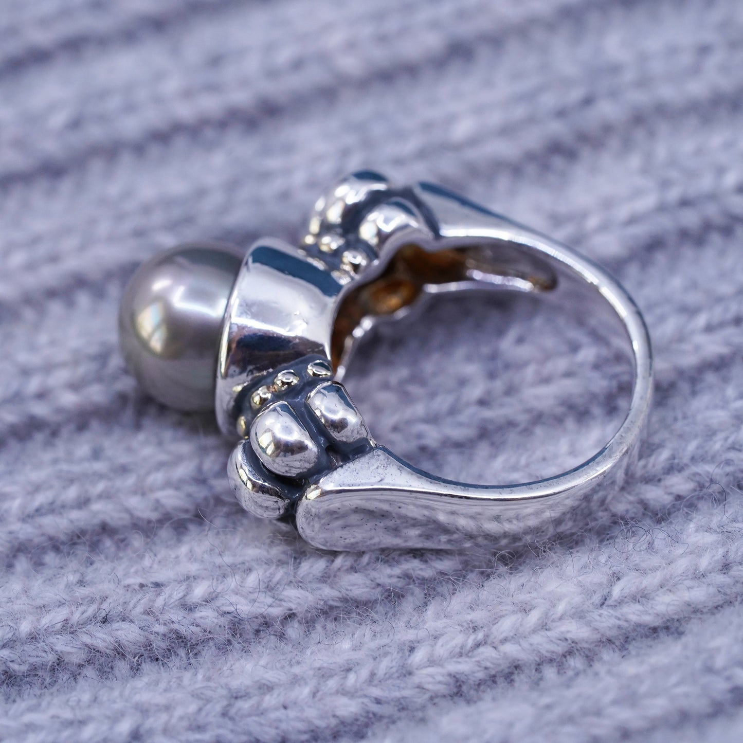 Size 7, vintage Israel Sterling silver handmade beaded ring with pearl