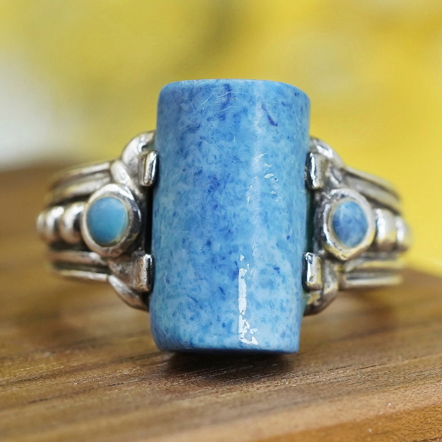 Size 7.25, vintage Sterling 925 silver handmade ring denim lapis lazuli beads
