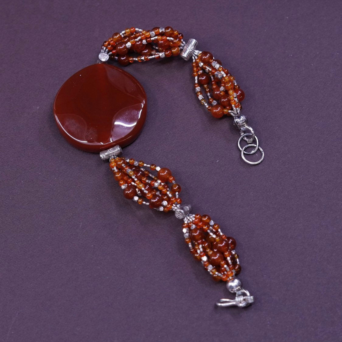 6.5”, vtg sterling silver handmade bracelet, 925 carnelian bead