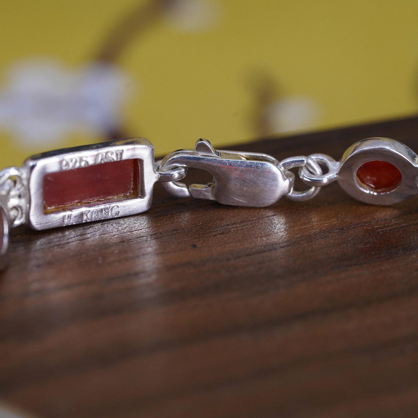 7.25”, Vintage HK sterling silver handmade bracelet, 925 tennis chain carnelian