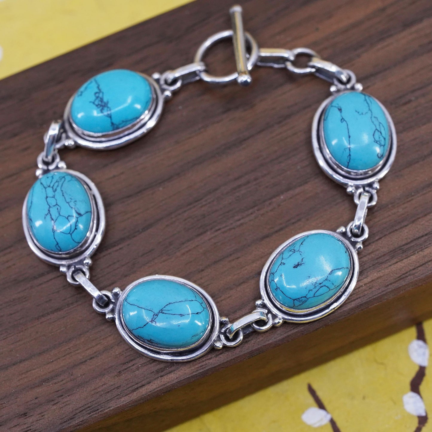 7", VTG Mexican Sterling 925 silver bracelet with turquoise and toggle closure