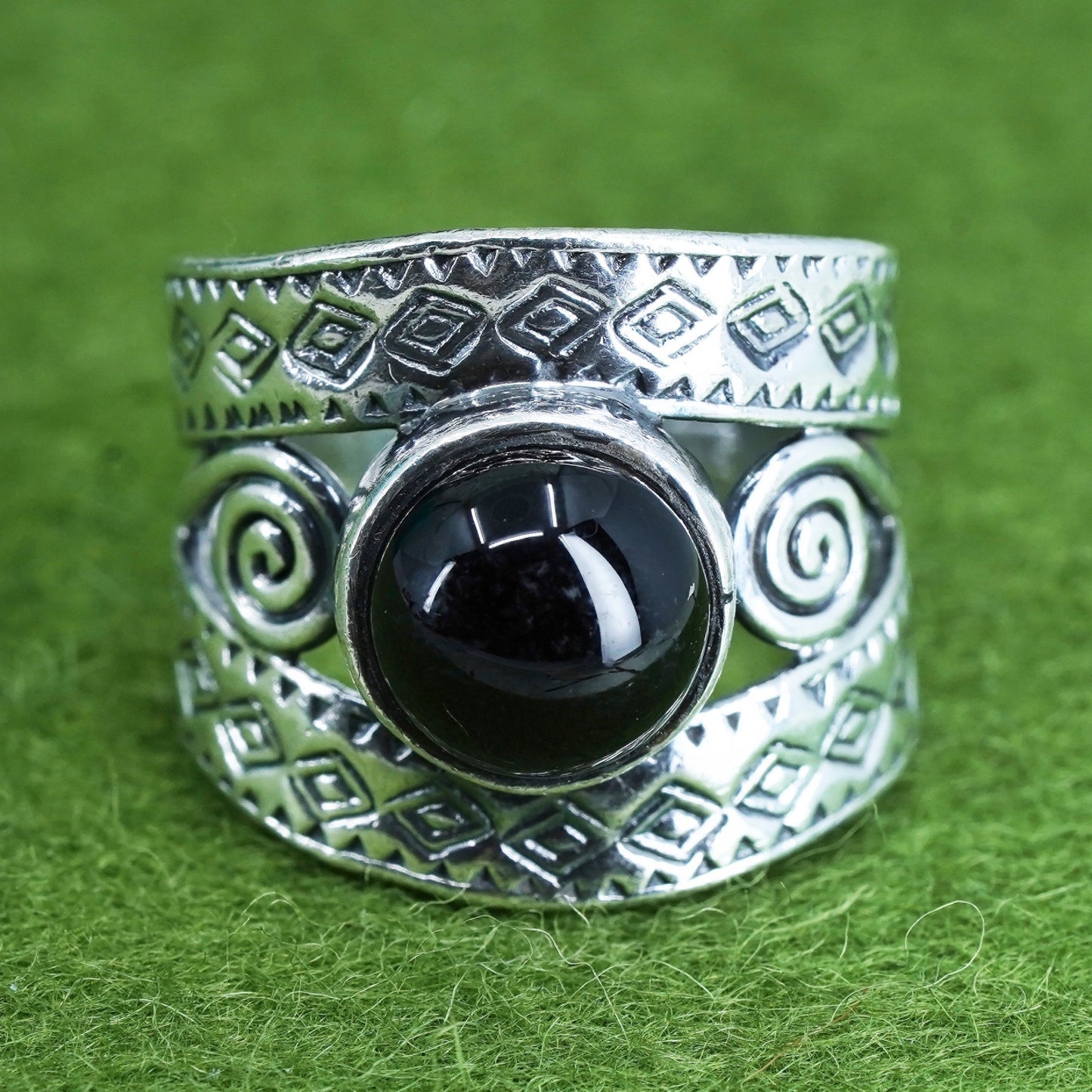 Size 7, sterling silver handmade ring, Mexico 925 ring with round obsidian
