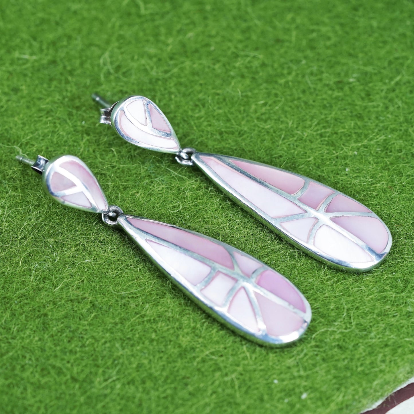 sterling 925 silver handlade teardrop earrings with pink mother of pearl inlay