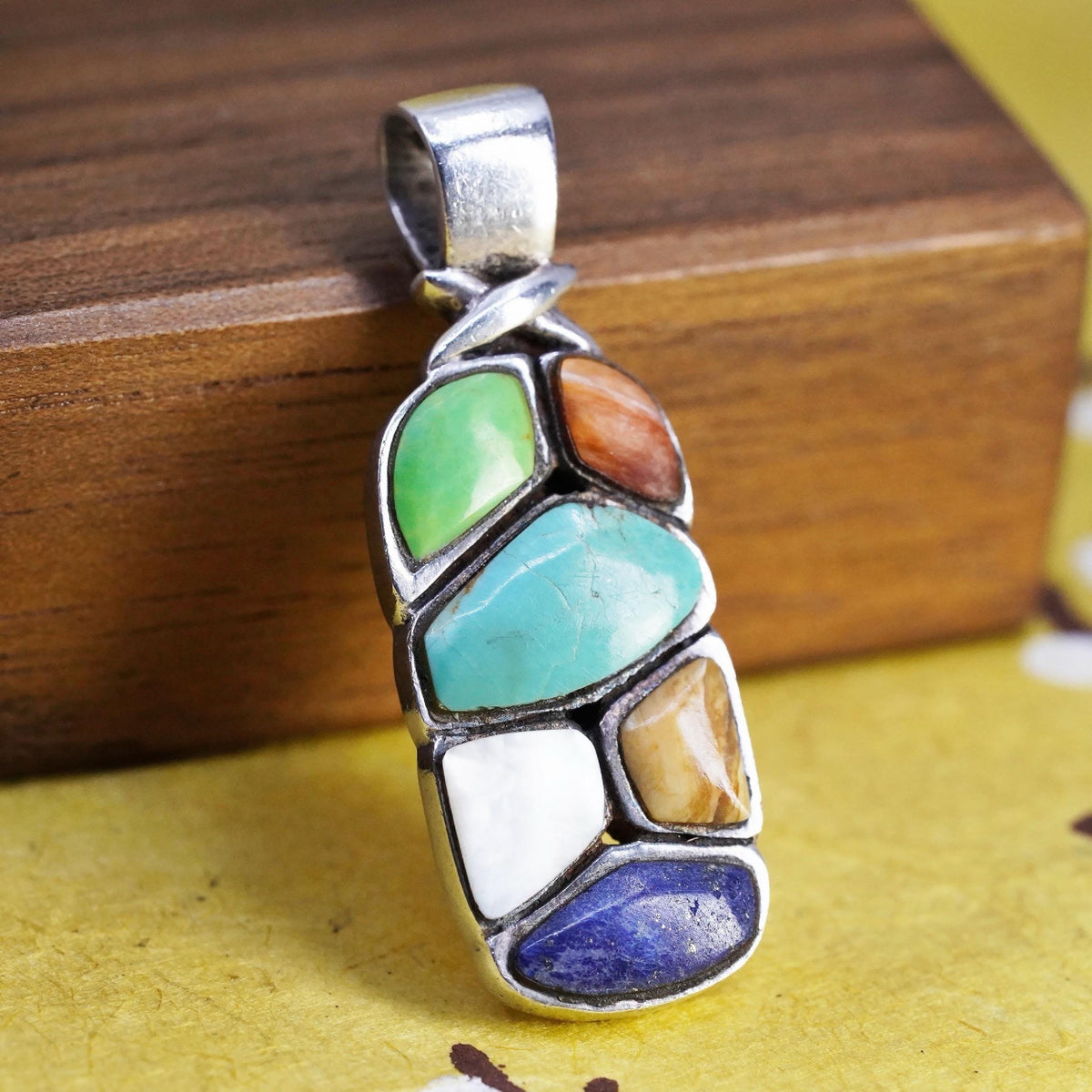Vintage Sterling Silver 925 Multi Stone Turquoise Lapis Mother of Pearl Pendant