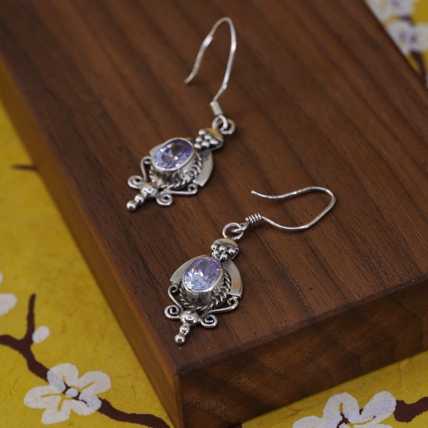 Vintage Sterling silver handmade earrings, 925 bali with oval amethyst