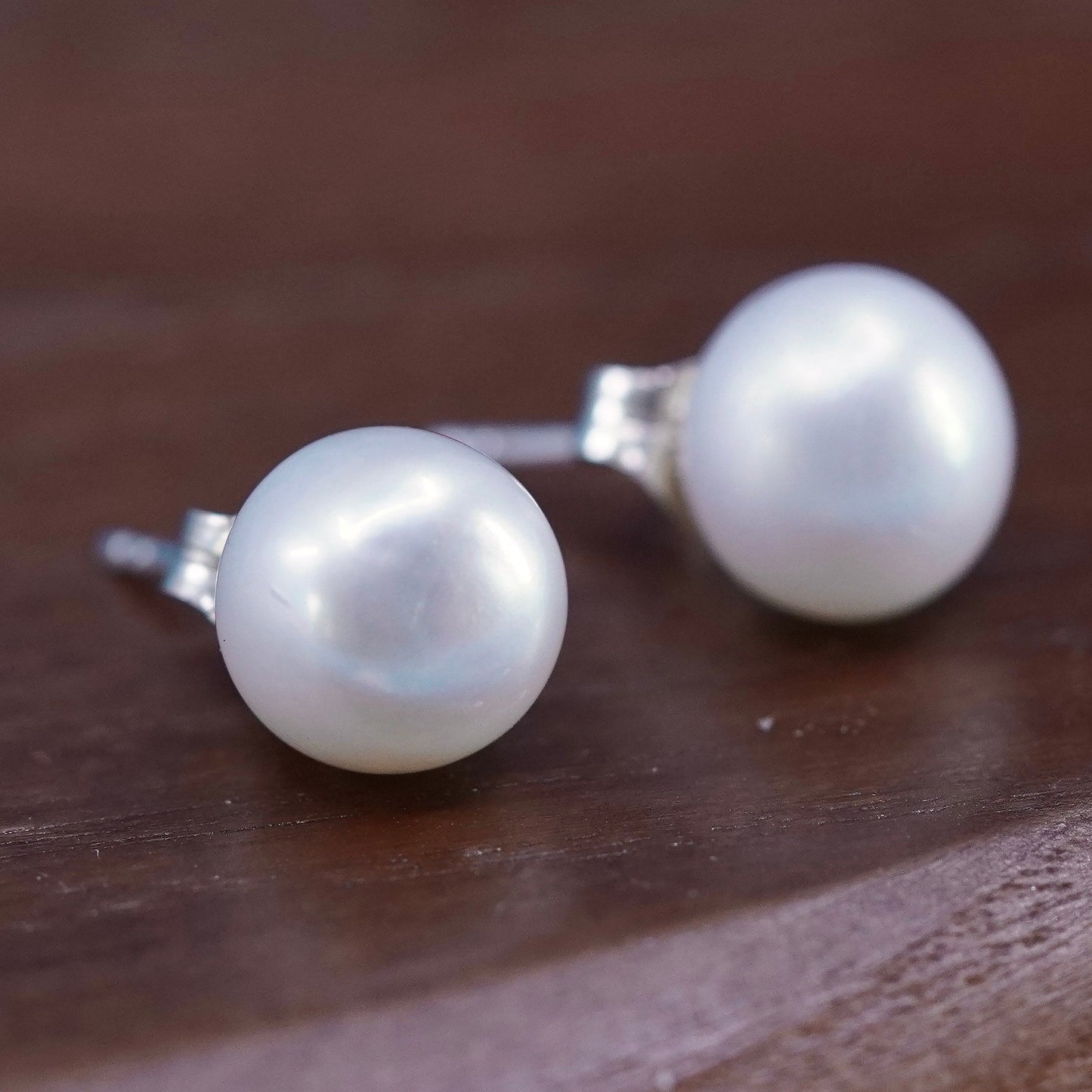 8mm, Vintage 925 Sterling silver handmade studs earrings white pearl