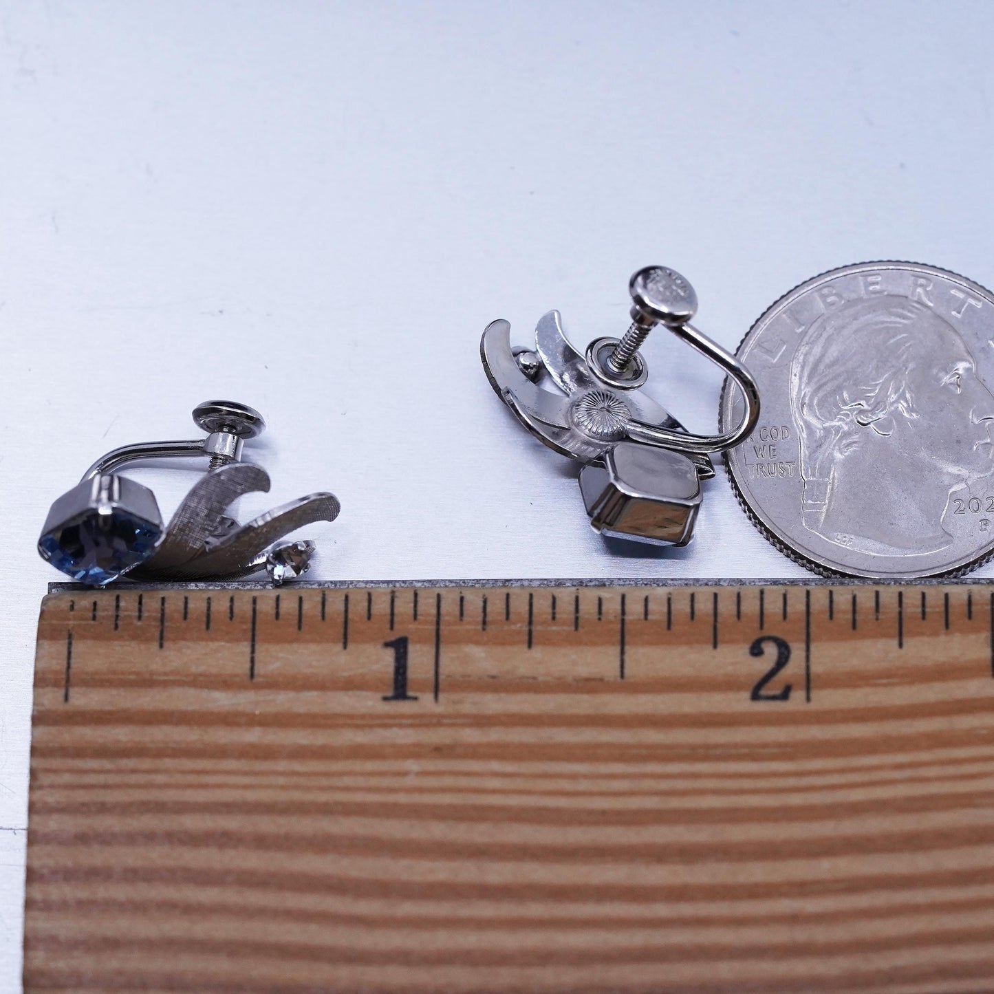 Vintage Vandell Sterling 925 silver earrings, screw back floral blue rhinestone