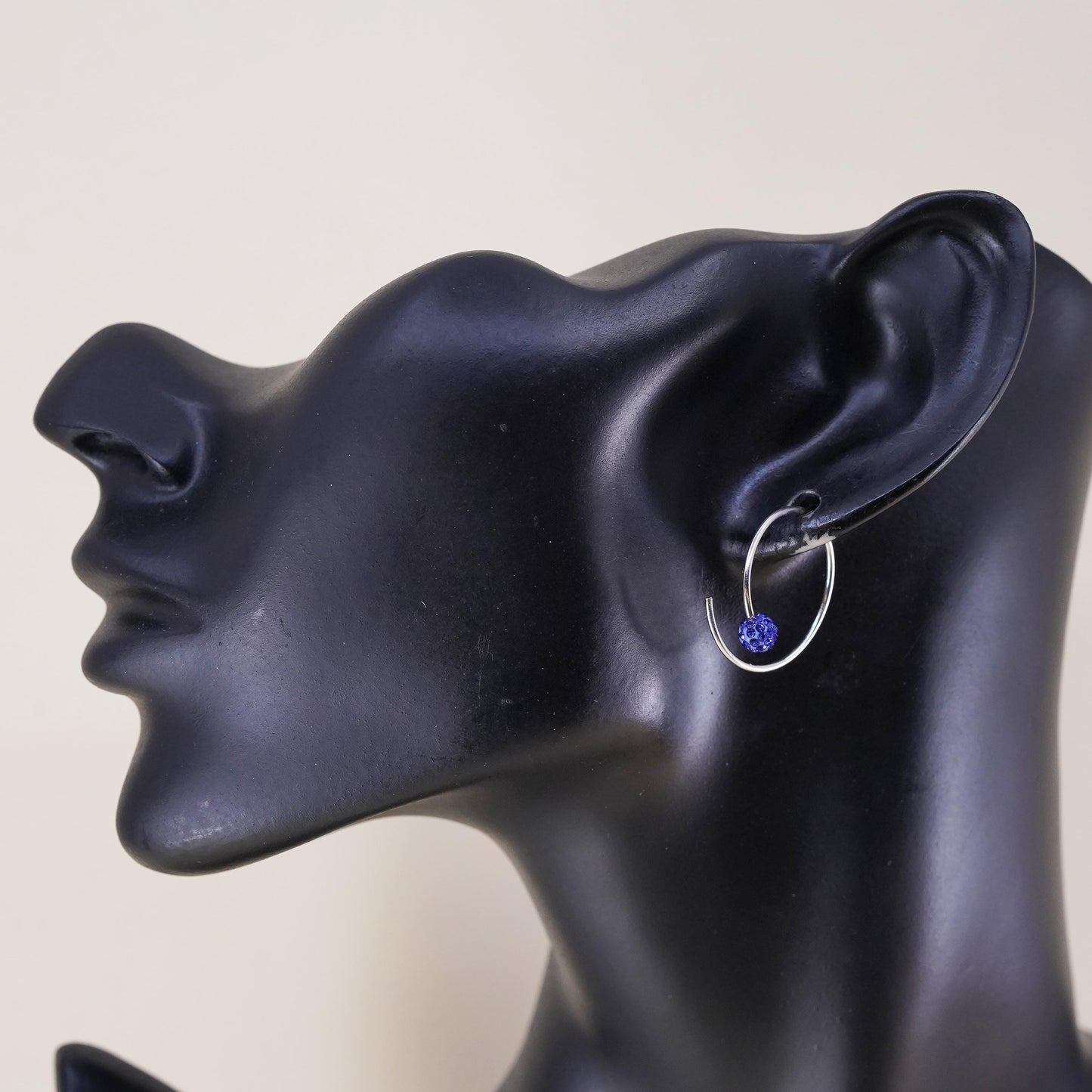 0.75”, Vintage sterling silver loop earrings, hoops with blue crystal bead