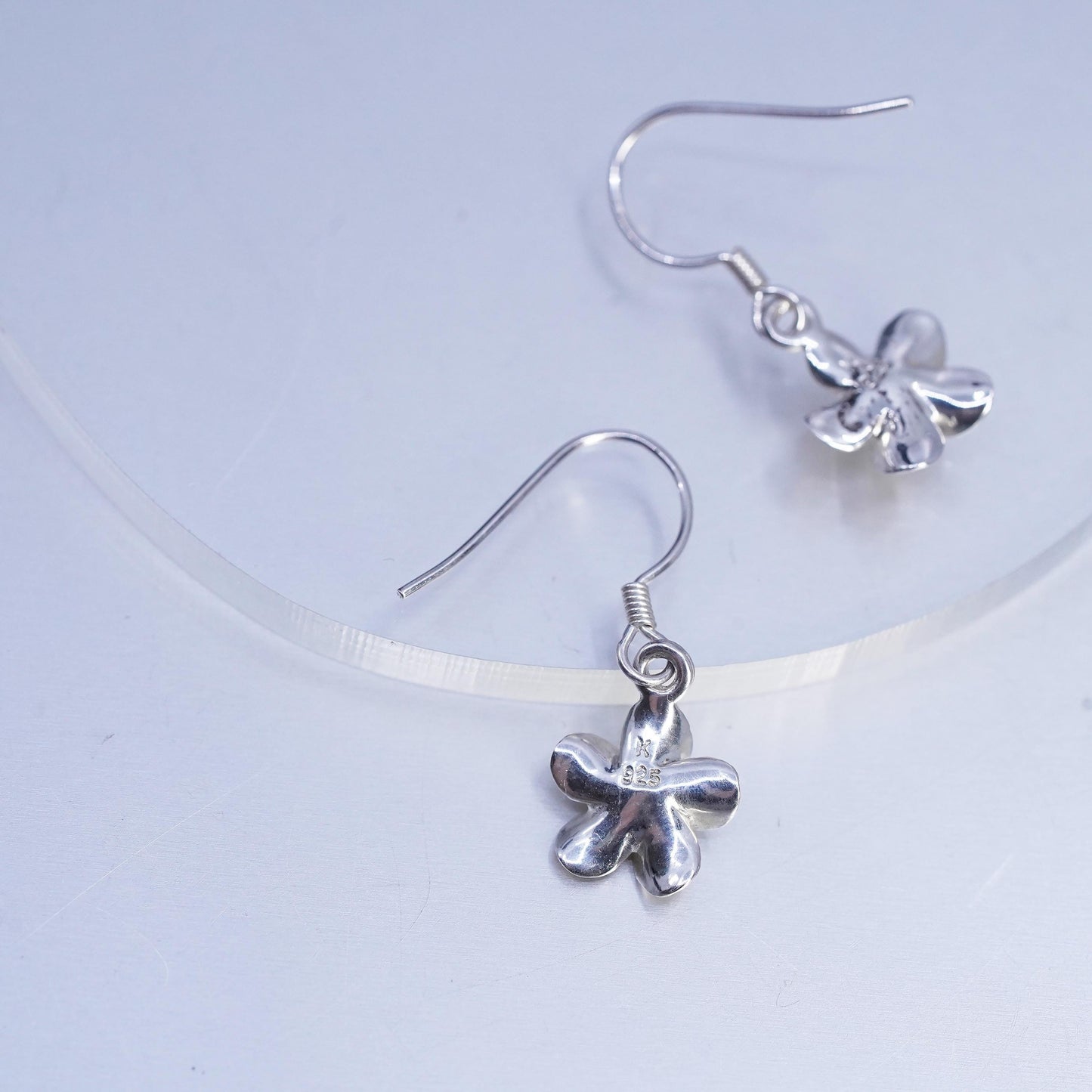 Vintage Sterling 925 silver handmade earrings, plumeria flower dangles with cz