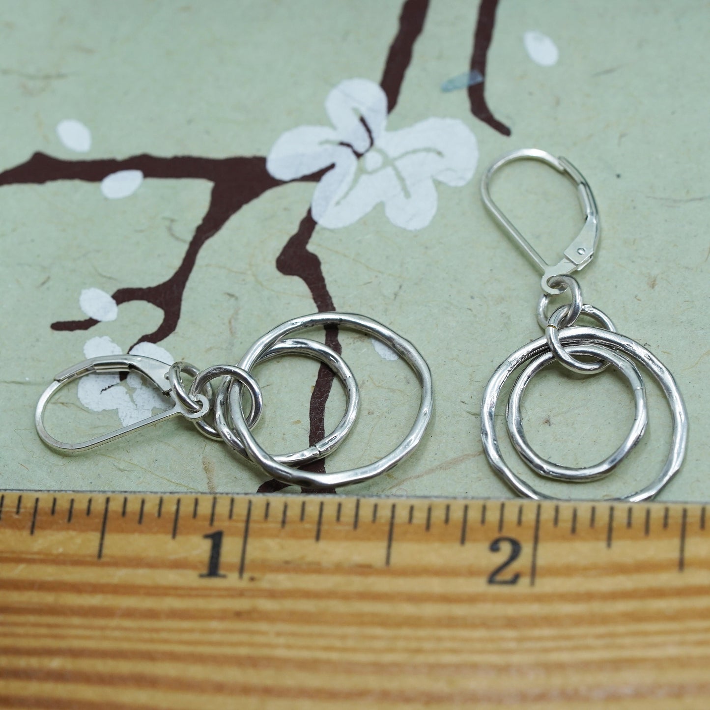 Vintage sterling silver handmade earrings, 925 double circles dangles