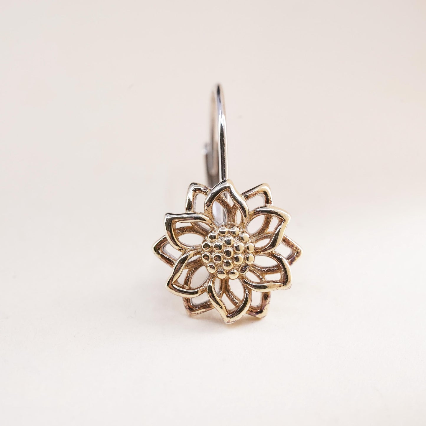 Vintage Two tone sterling silver 925 handmade single flower earring lever back