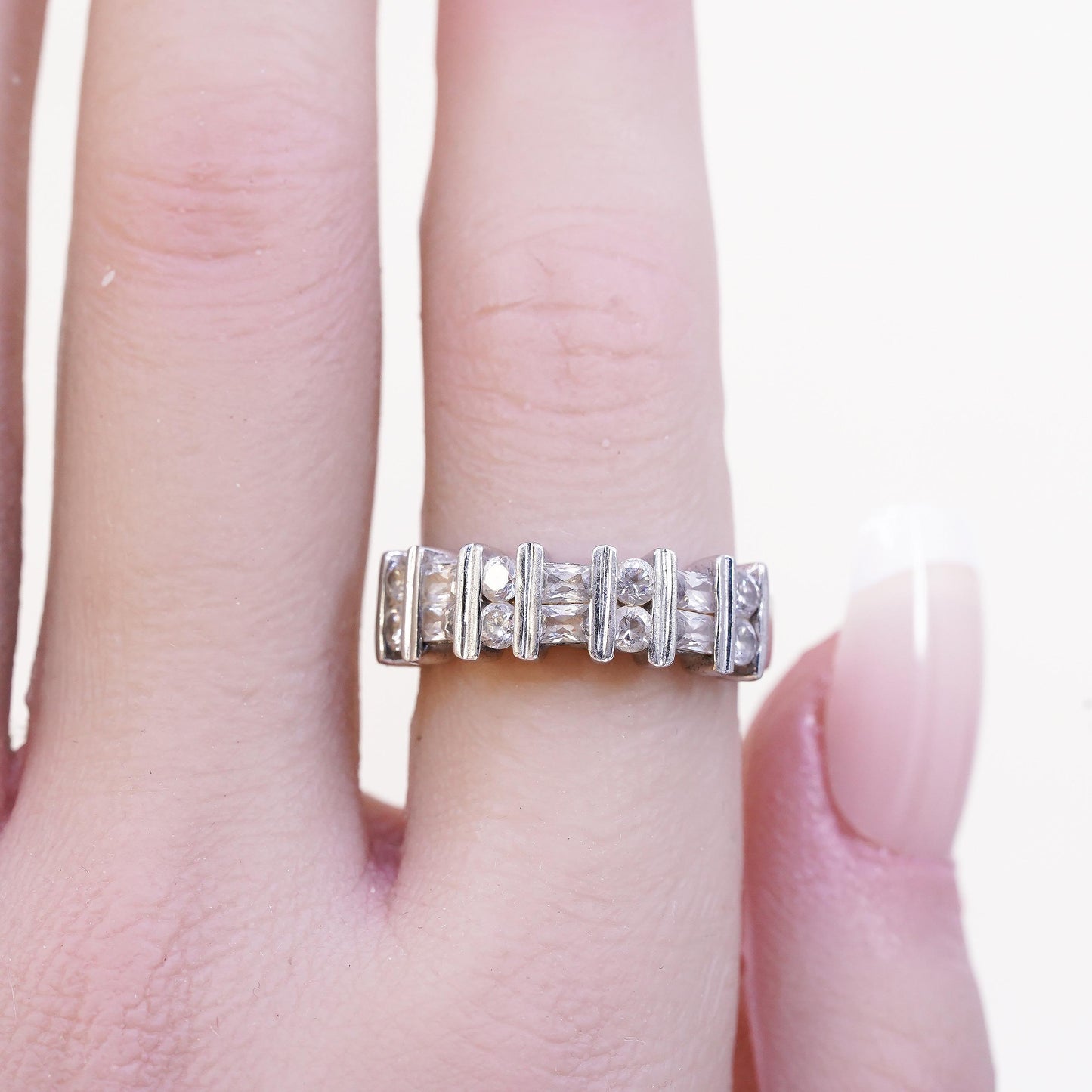 Size 7.25, vintage sterling 925 silver ring with cluster CZ, statement band
