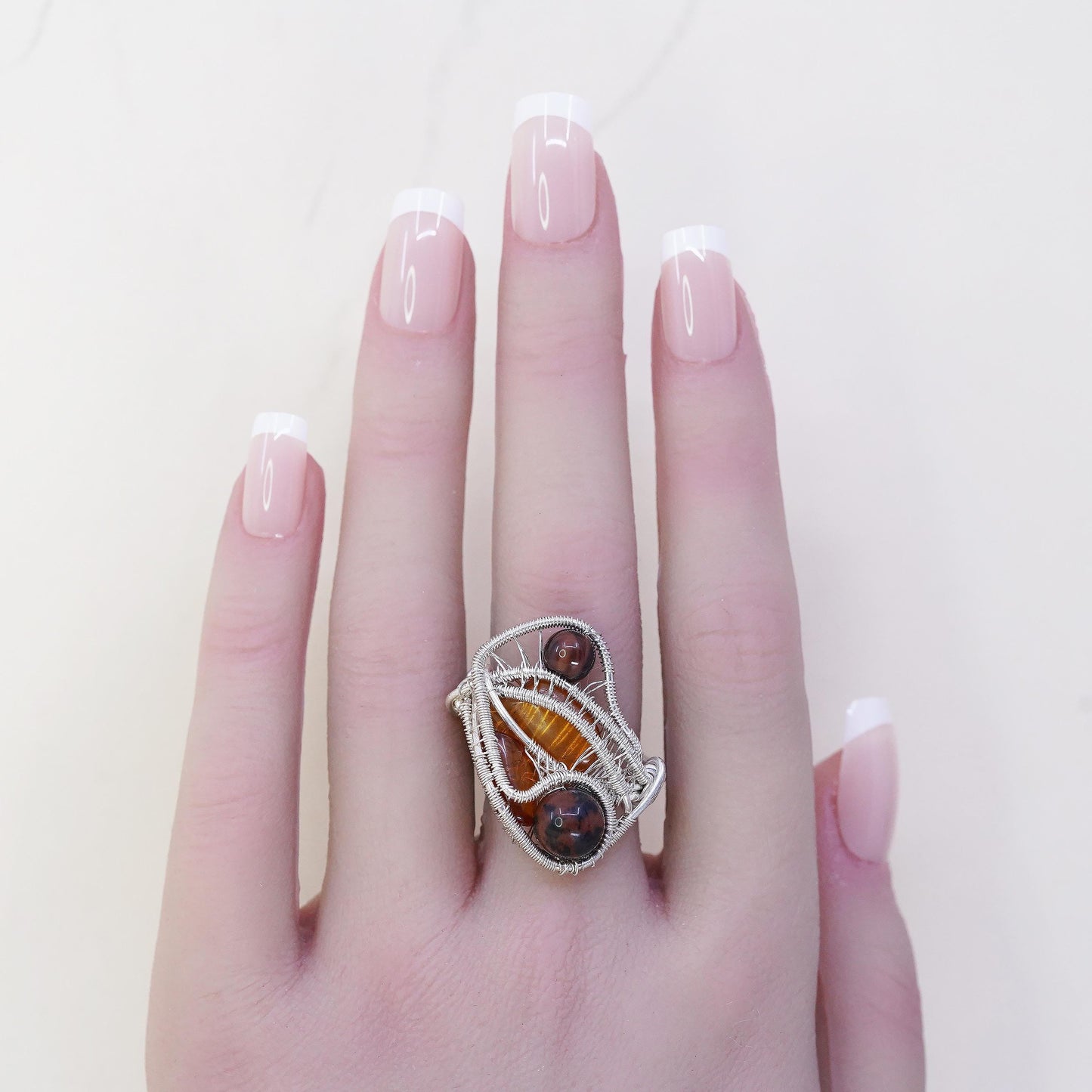 Size 9.5, vintage sterling 925 silver handmade wired ring with amber beads
