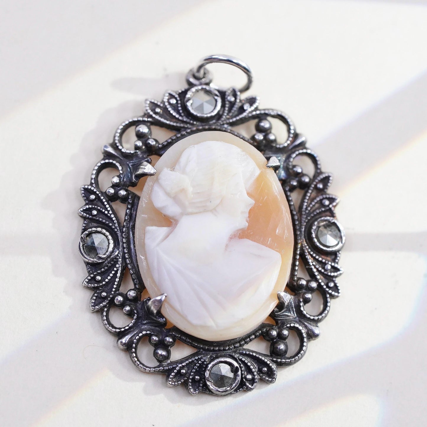 VTG Sterling 925 silver pendant mother of pearl cameo lady cluster marcasites