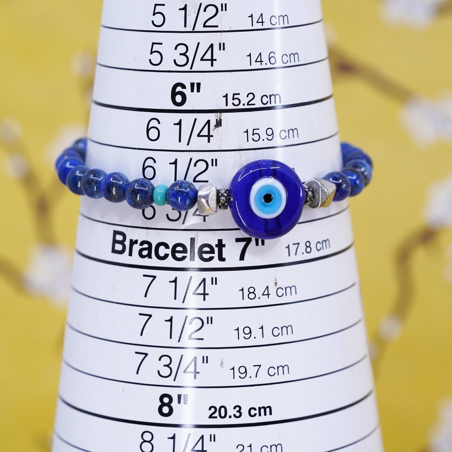 6.75", vintage sterling silver bracelet with blue evil eye lapis lazuli beads