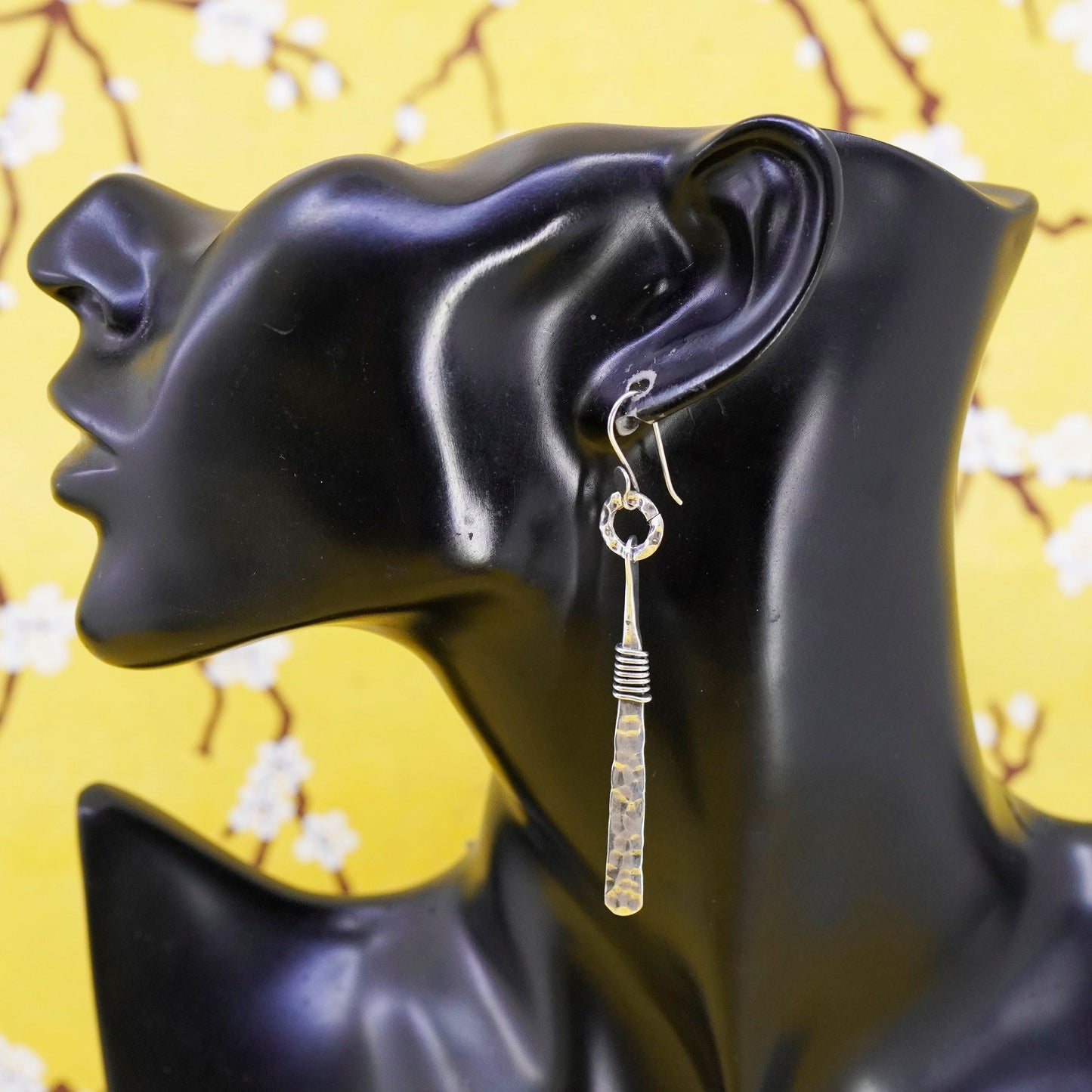Vintage Mexico Sterling silver handmade earrings, 925 Hammered long dangles