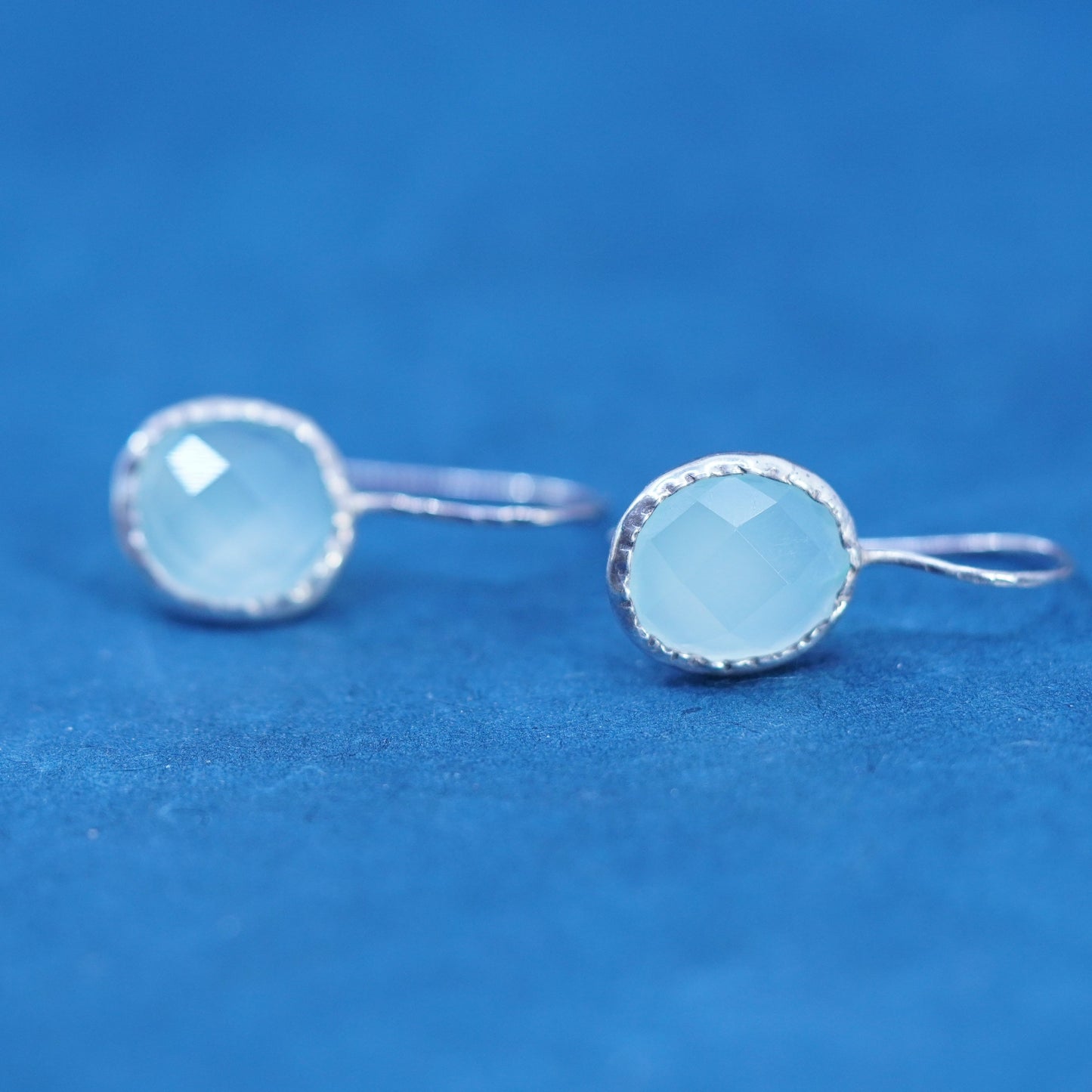 Vintage Sterling 925 silver handmade earrings with oval blue Chalcedony Dangles
