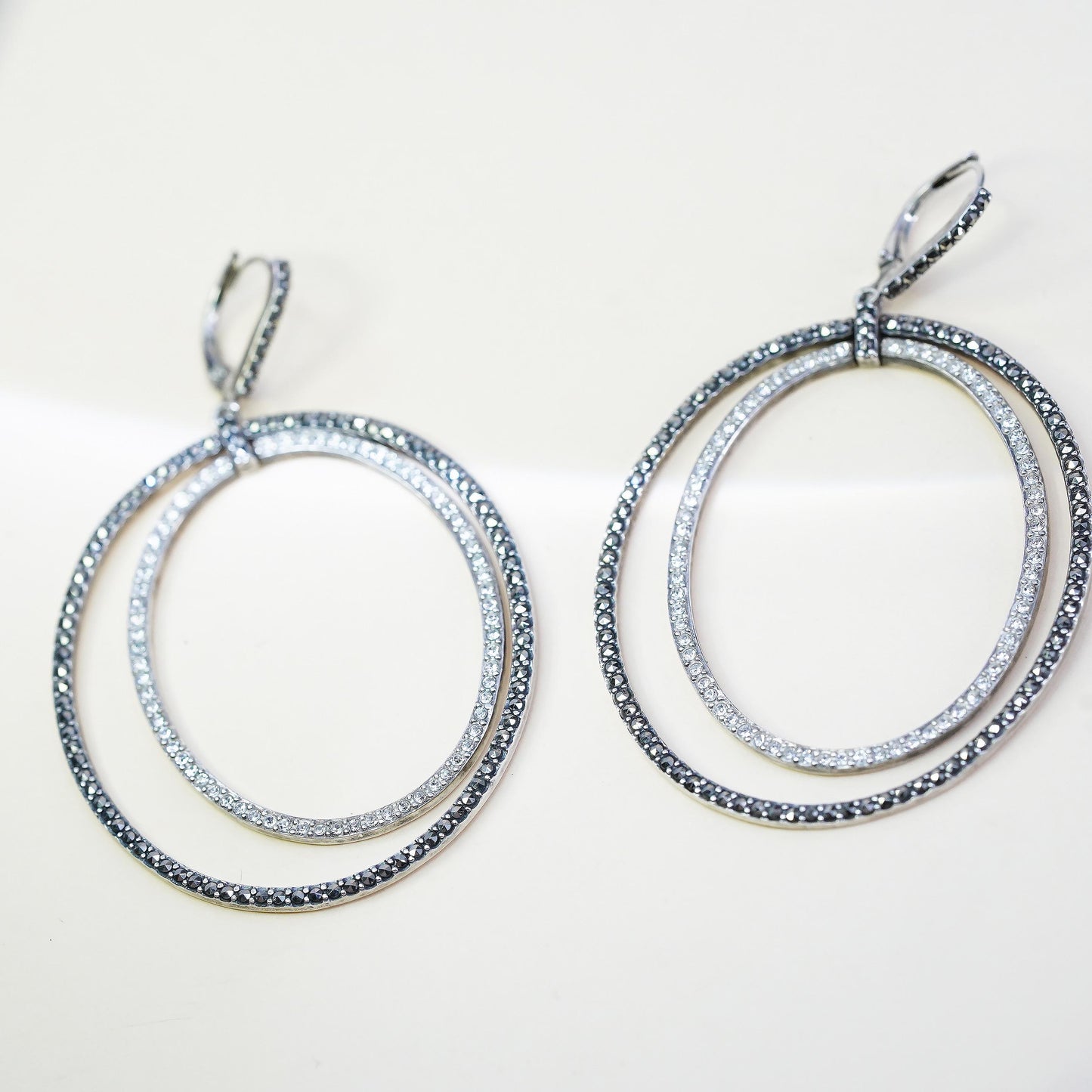 VTG Judith Jack 925 Sterling Silver Double Oval Hoops, Marcasite CZ Earrings