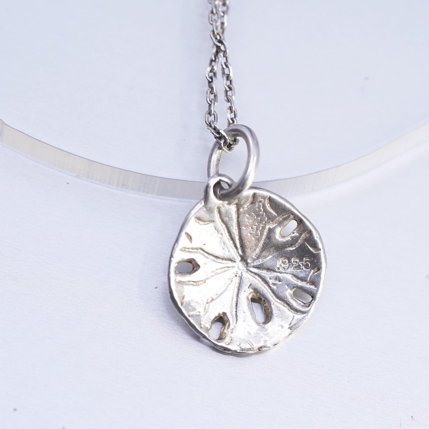 Vintage Sterling silver handmade circle chain necklace, 925 sand dollar pendant