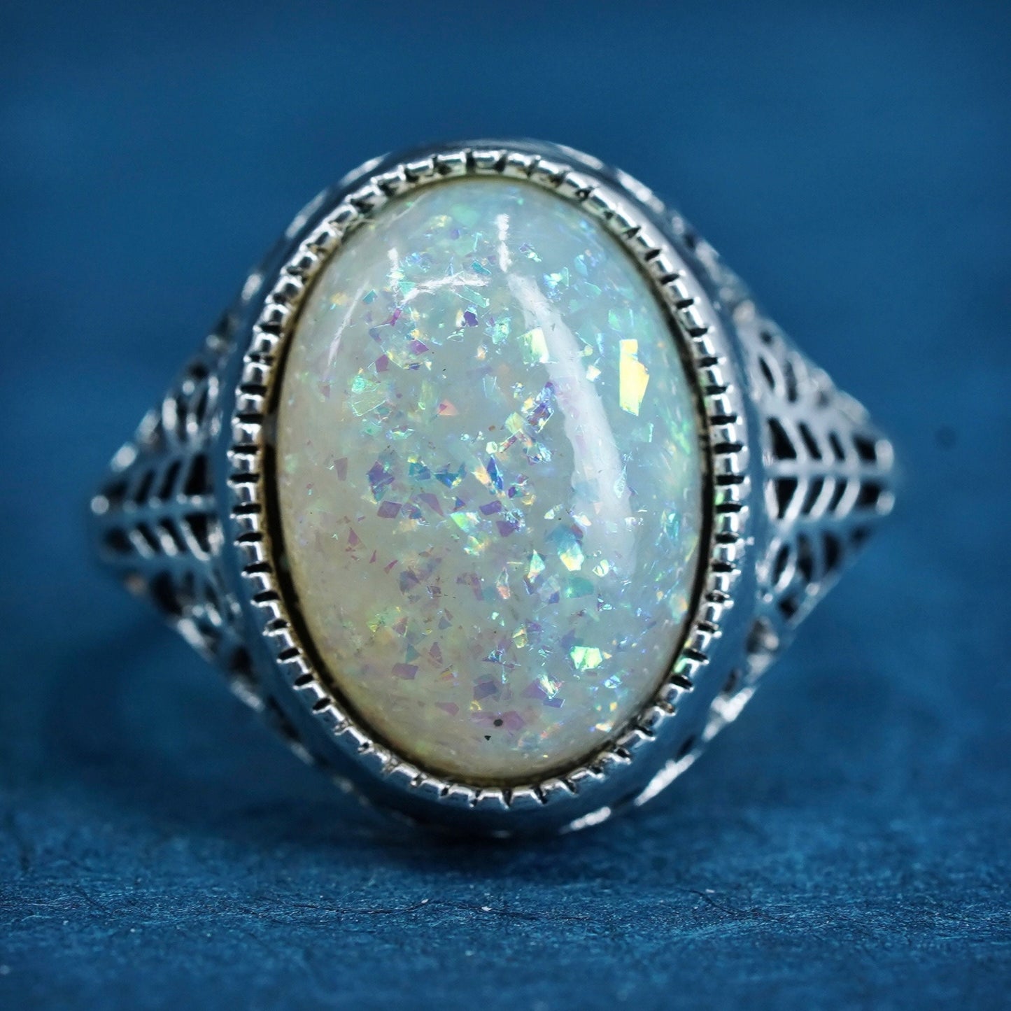 Size 6, Vintage Sterling 925 silver filigree handmade ring with opal