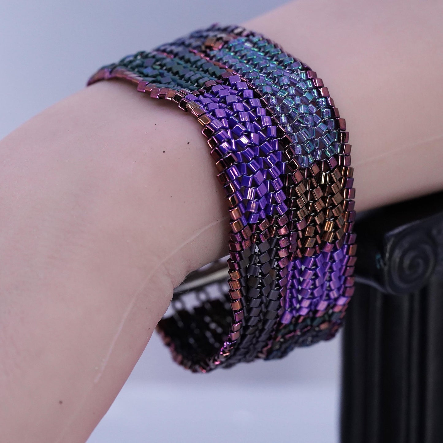 7", VTG Sterling 925 silver multi strands bracelet metallic multi color beads