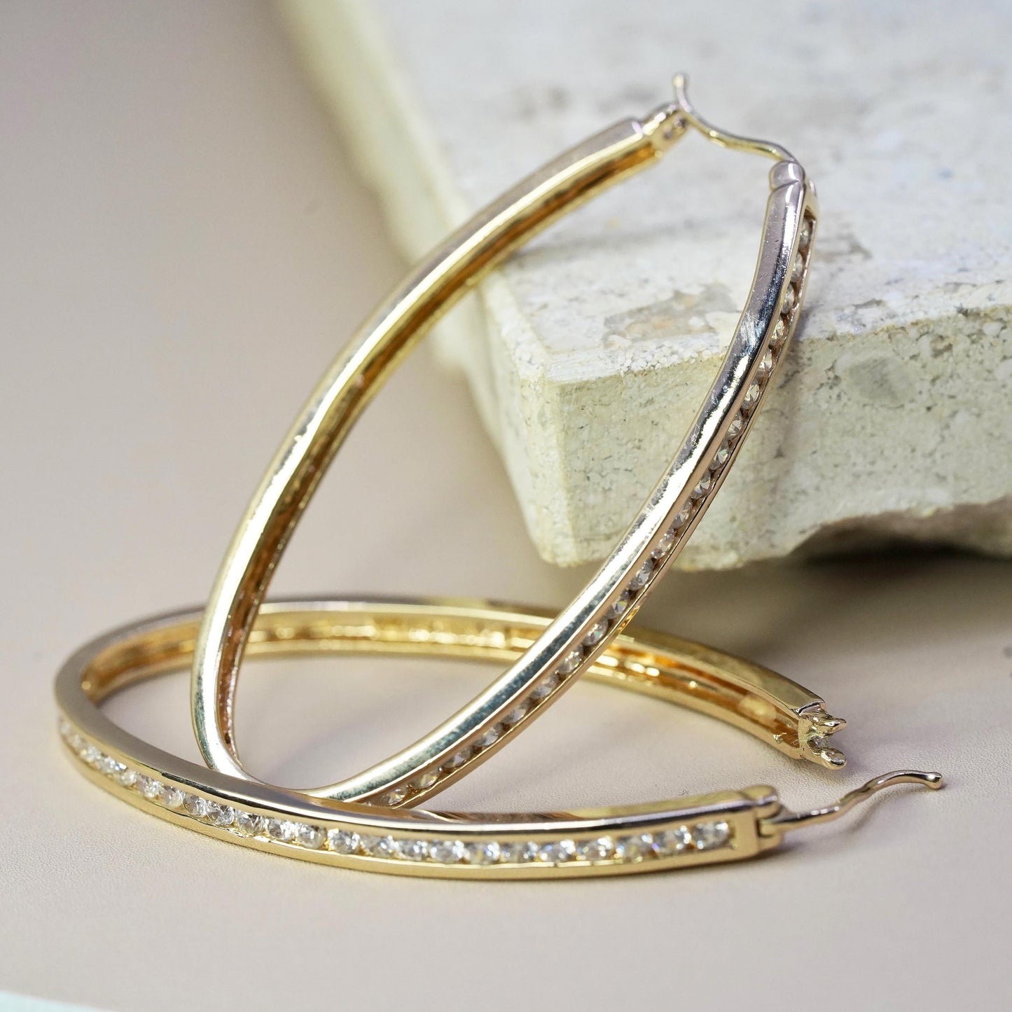 2”, vintage vermeil gold over Sterling silver earrings, 925 oval hoops with cz