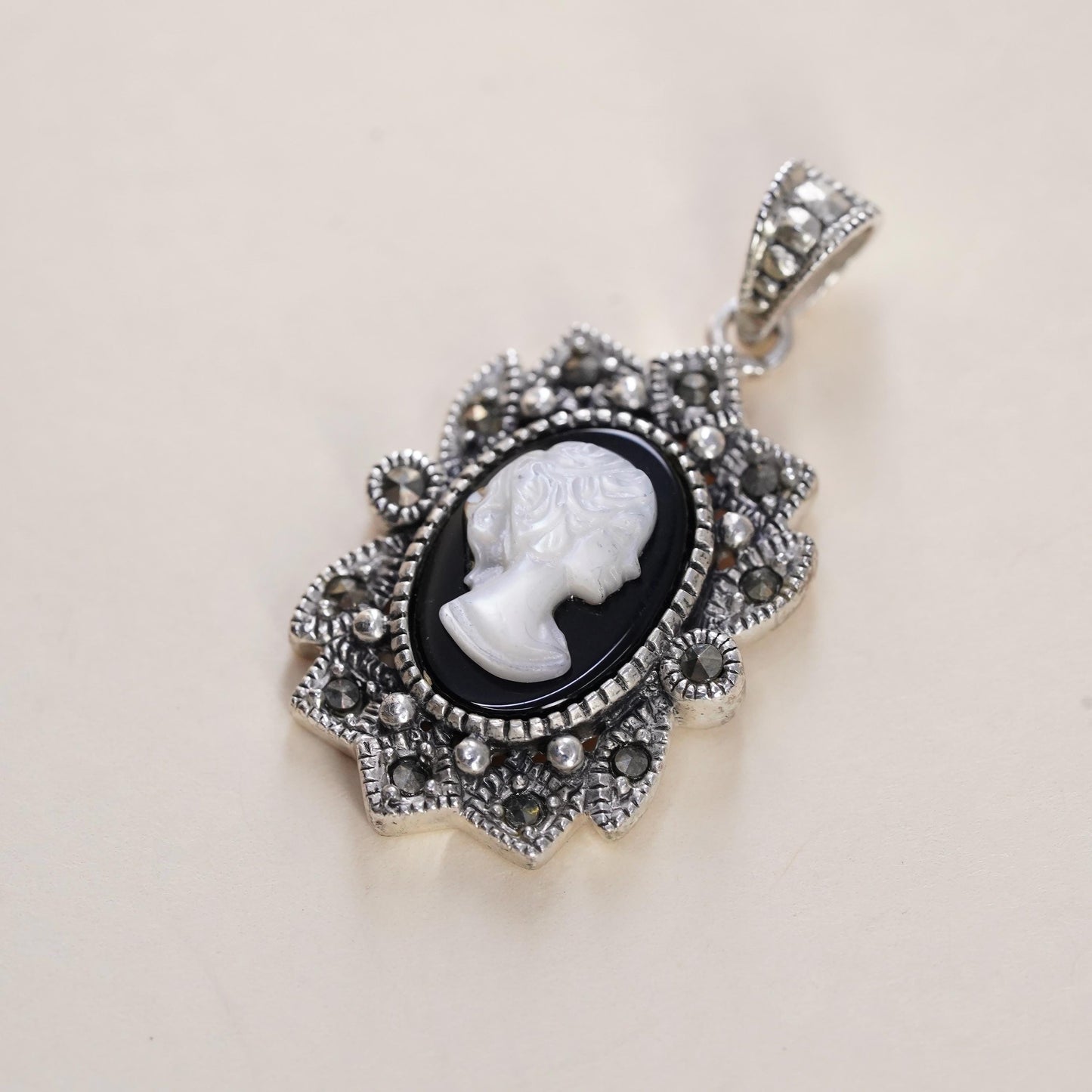 VTG Sterling 925 silver pendant mother of pearl cameo lady cluster marcasites