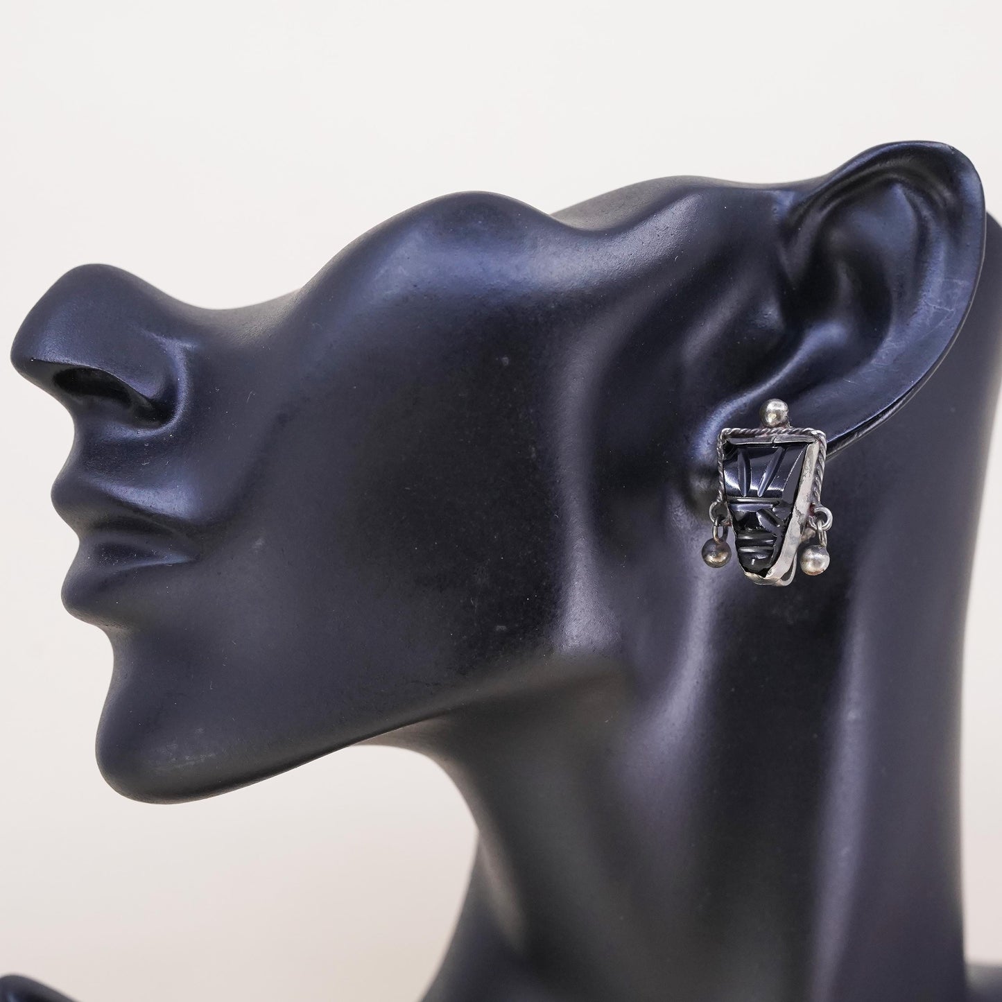 Mexican sterling silver single earring, 925 screw back Carved Warrior Onyx