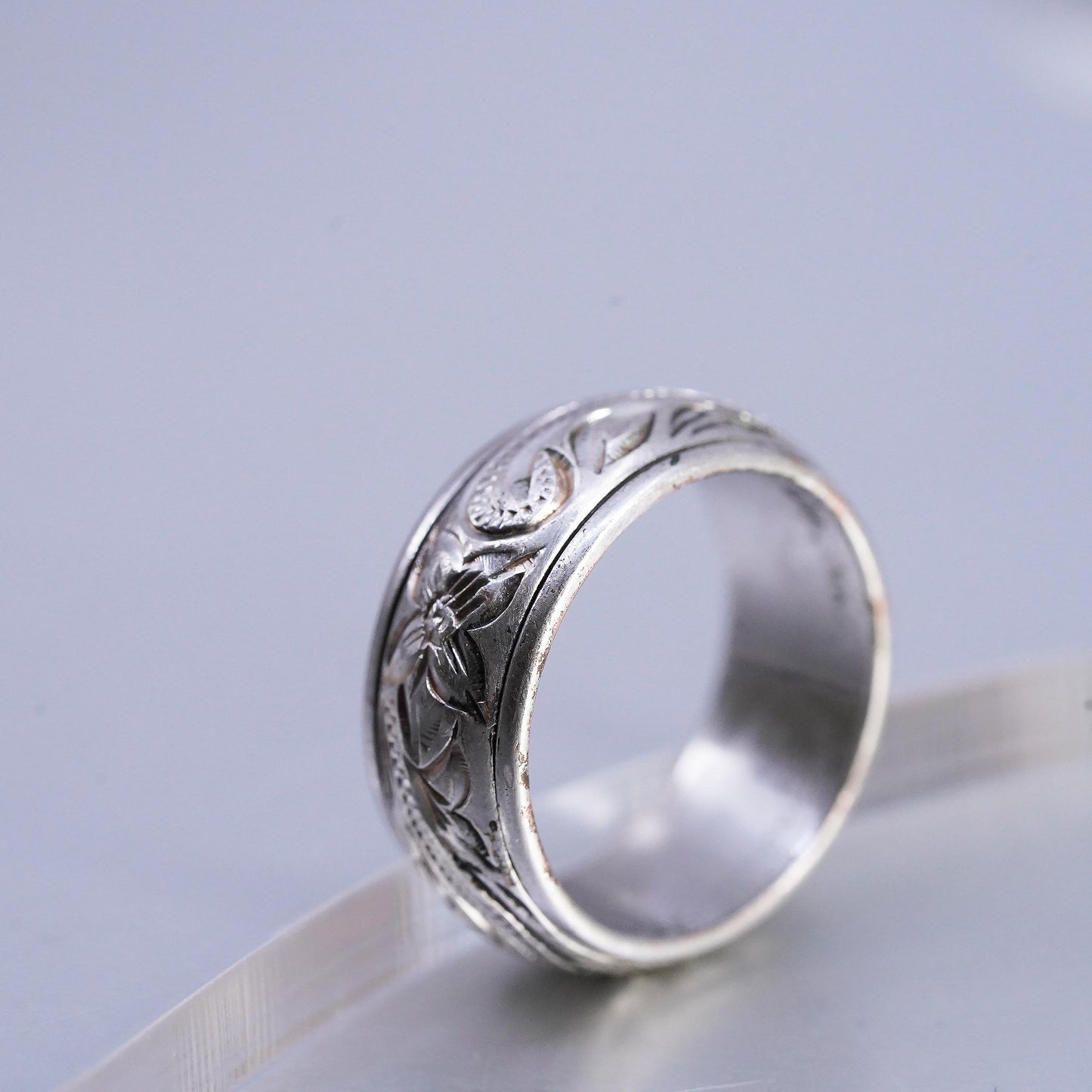 Size 7, 925 Sterling Silver 7K Gold Hawaiian Ring, Floral Scroll Wedding Band