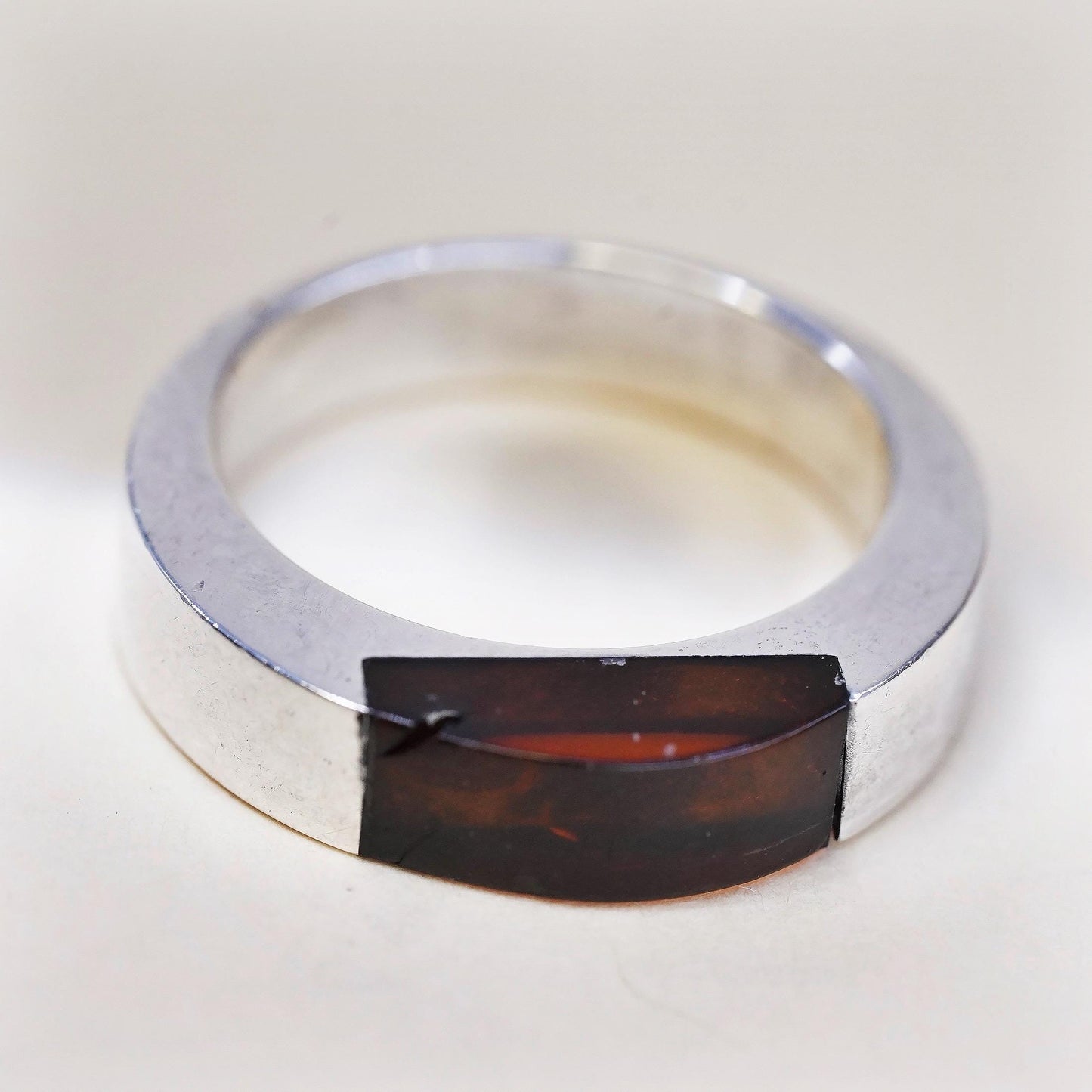 Size 6.5, Vintage sterling silver 925 handmade band ring with Amber inlay