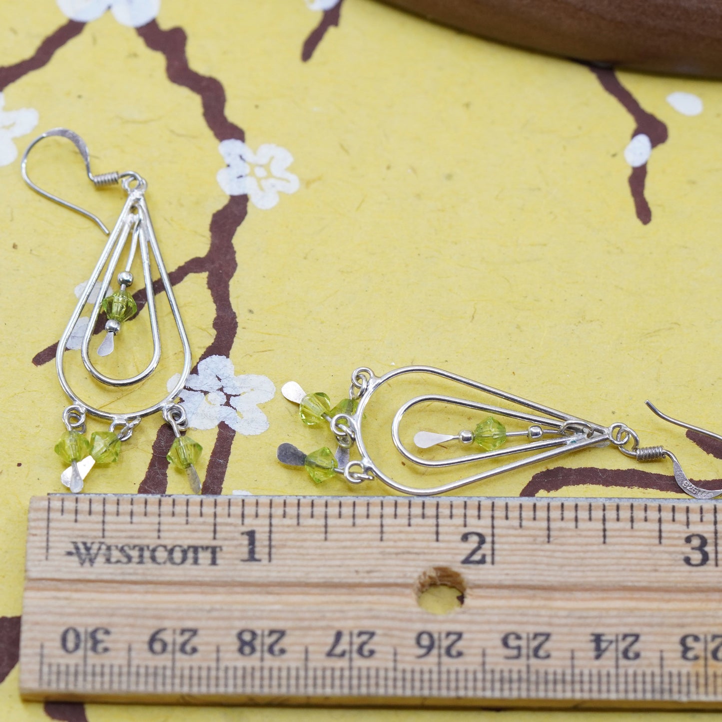 Vintage Sterling silver handmade earrings, 925 teardrop with peridot beads