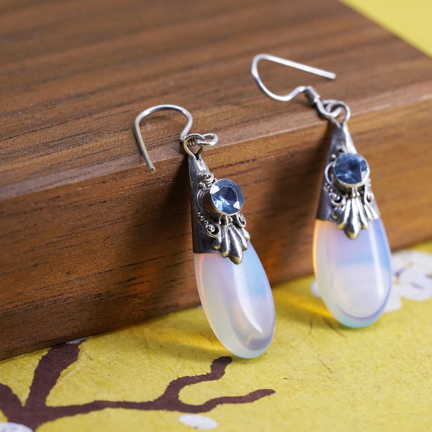 Vintage Sterling 925 silver handmade earrings with teardrop moonstone and topaz
