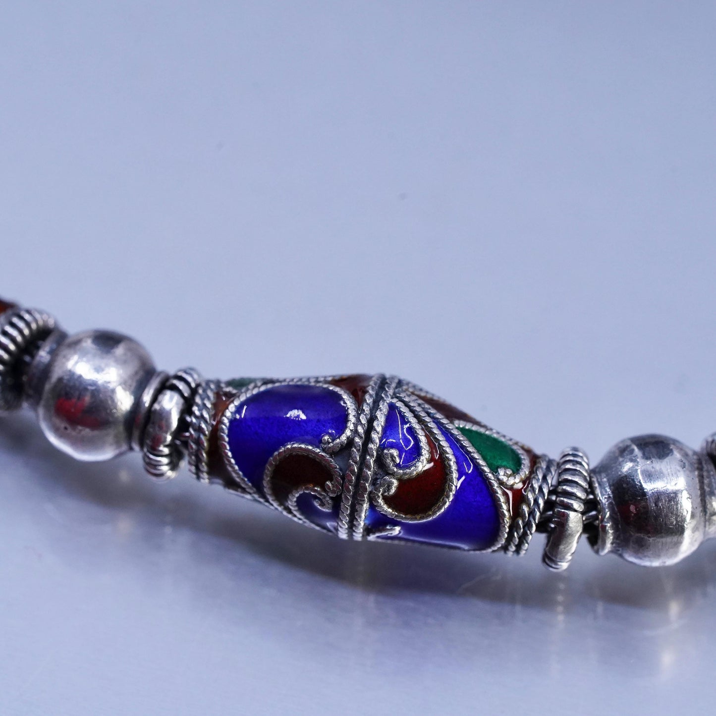 18", Sterling 925 silver bold wheat chain necklace enamel slide bead pendant