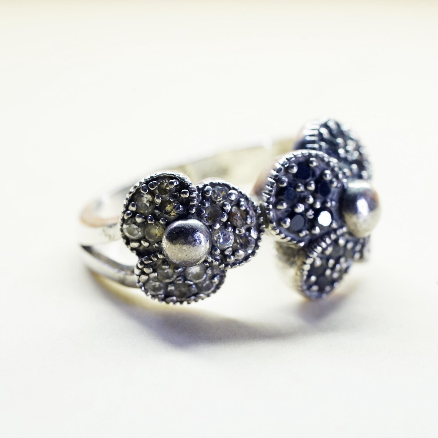 Size 6, Vintage Sterling silver ring, 925 silver flower ring cluster CZ spinel