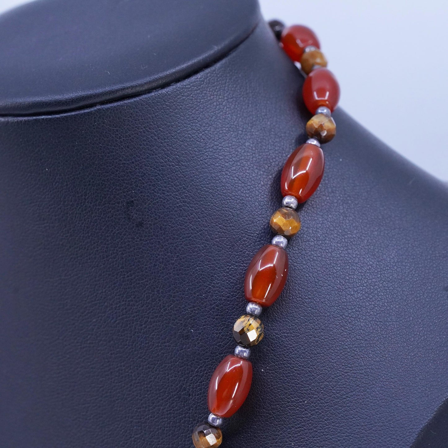16+2", vintage Sterling 925 silver necklace w/ carnelian golden tiger eye beads