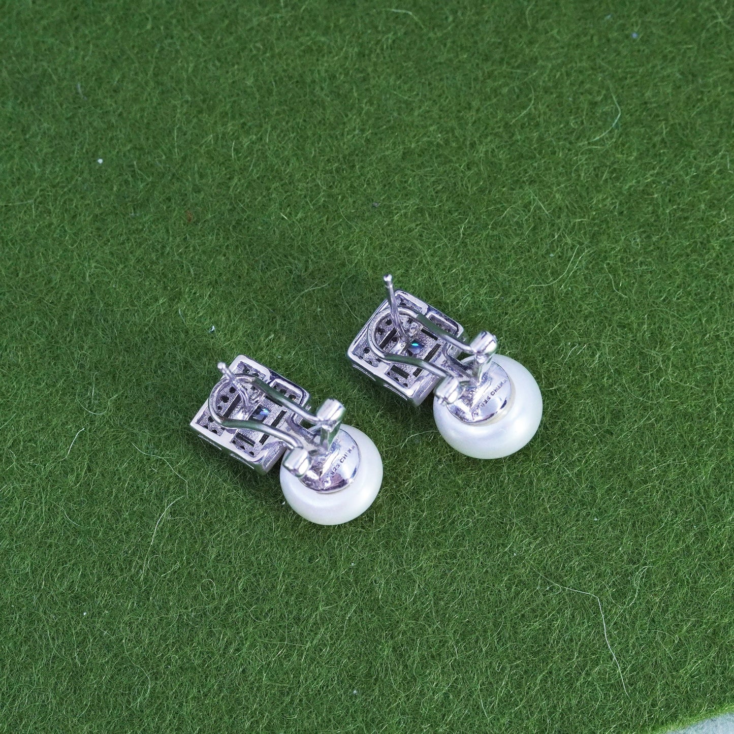 Vintage sterling silver earrings, 925 studs with pearl and cz