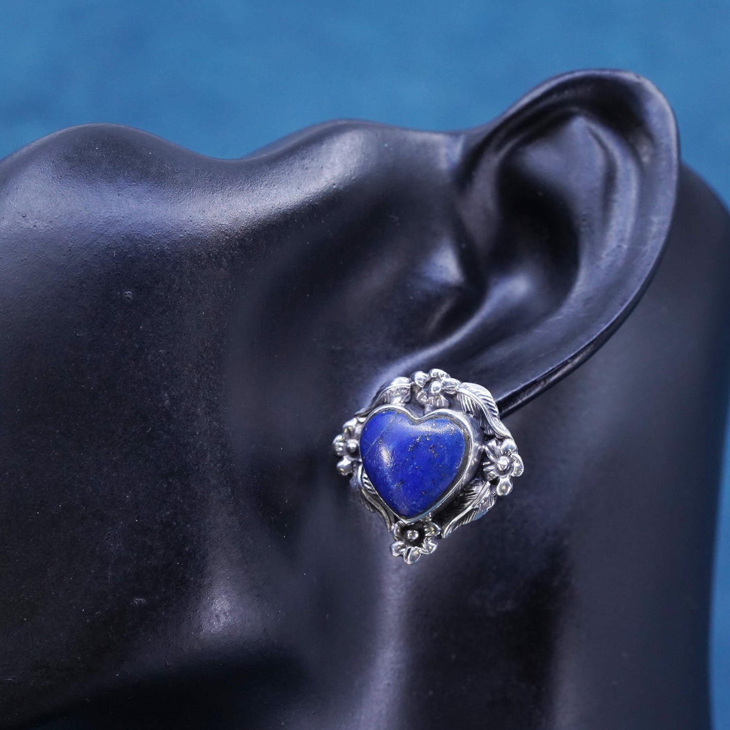 Vintage southwestern sterling silver earrings, 925 heart studs lapis lazuli