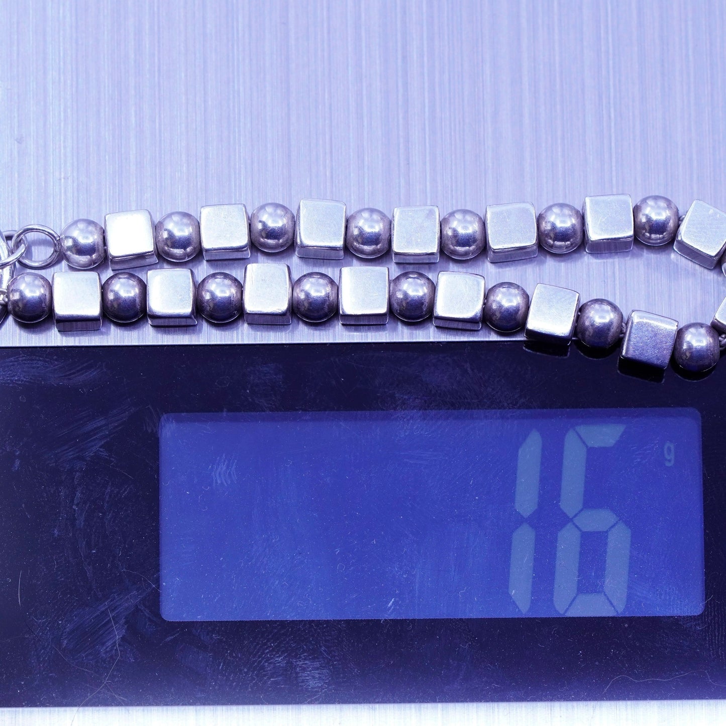 7”, Vintage Sterling 925 silver handmade bracelet, chain with cube beads