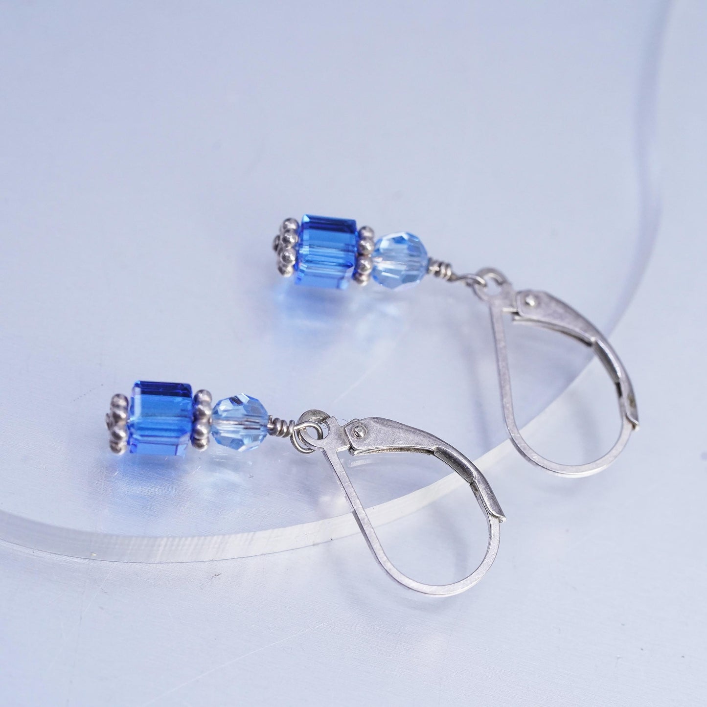 Vintage Sterling 925 silver earrings with blue crystal cube