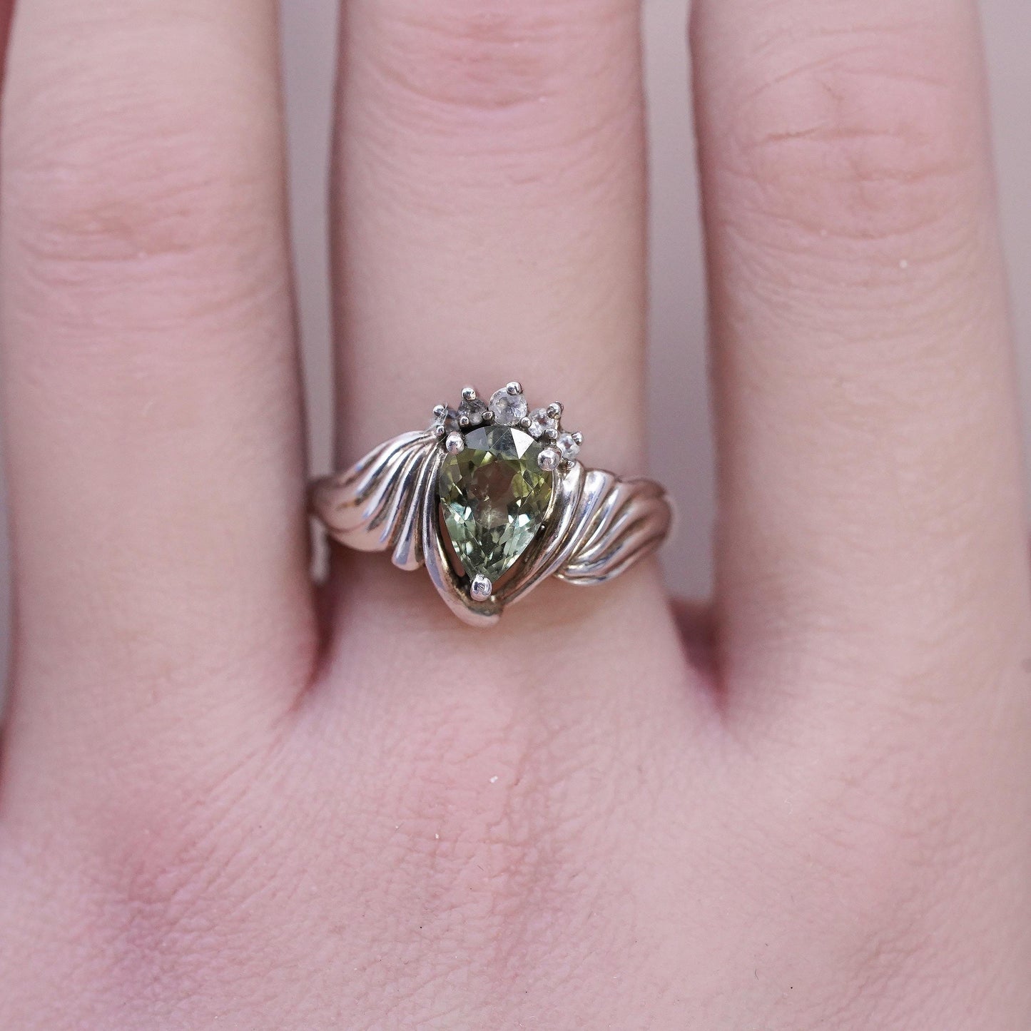 Size 8.25, vintage Sterling silver 925 handmade ring with teardrop peridot cz