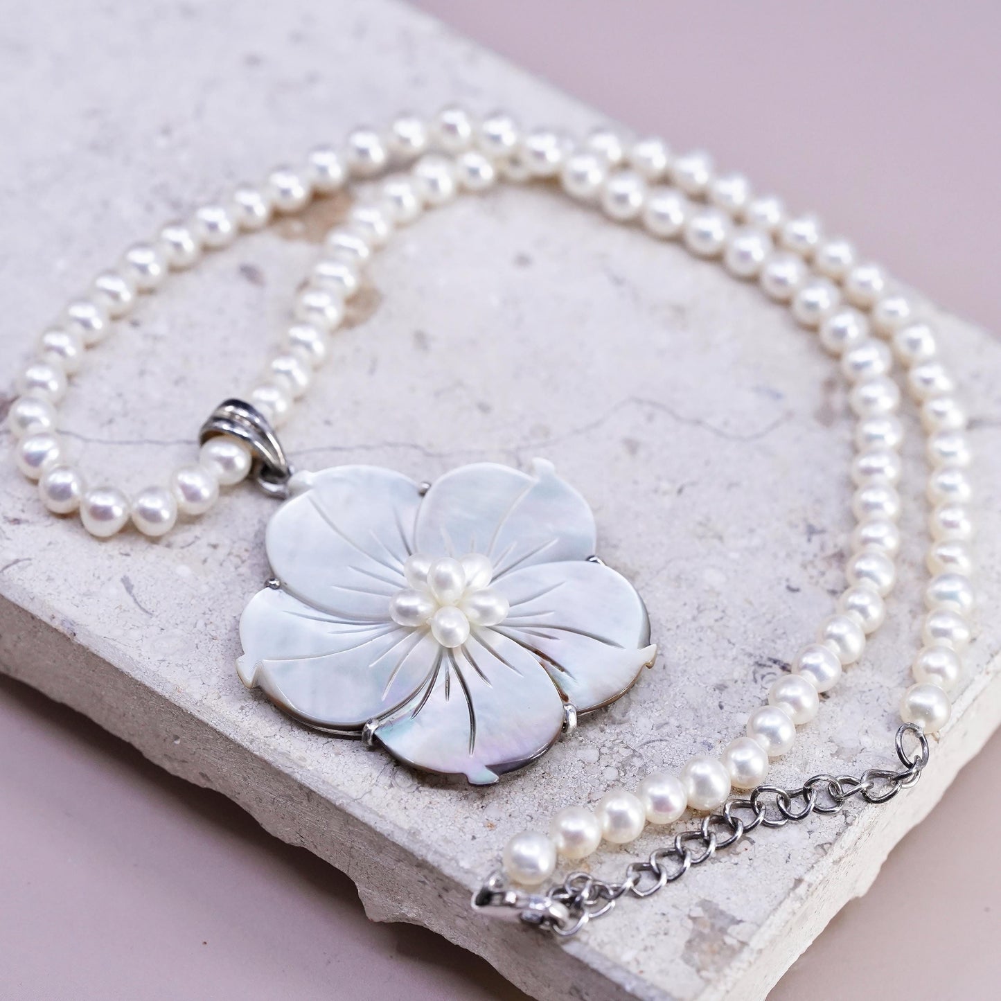 17+2", LUC sterling 925 Silver necklace pearl mother of pearl flower pendant