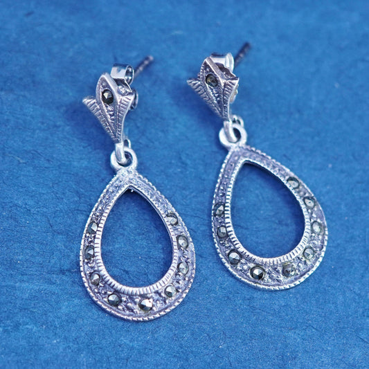Vintage sterling silver handmade earrings, 925 teardrop with marcasite details