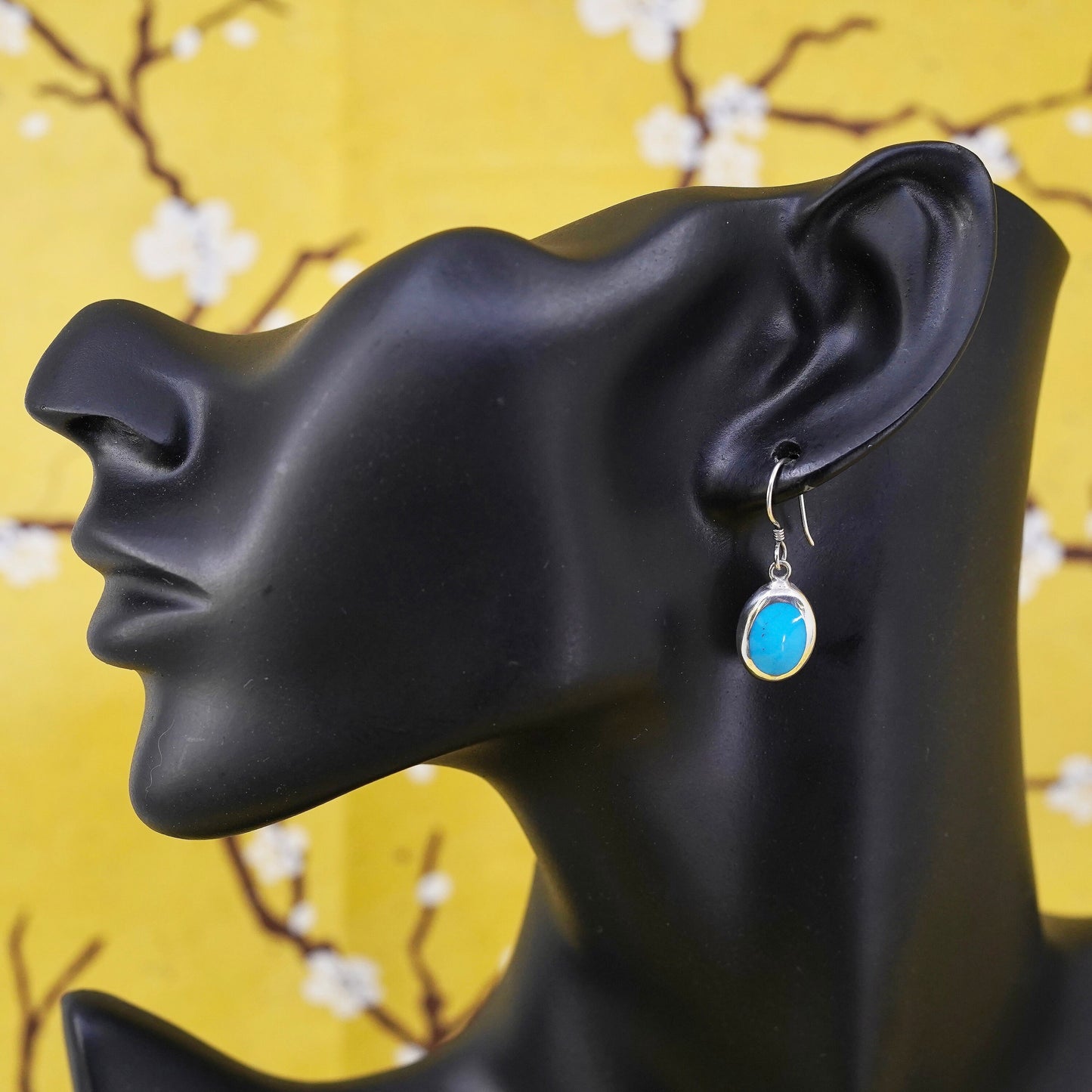 Vintage Sterling 925 silver handmade earrings with oval blue onyx inlay