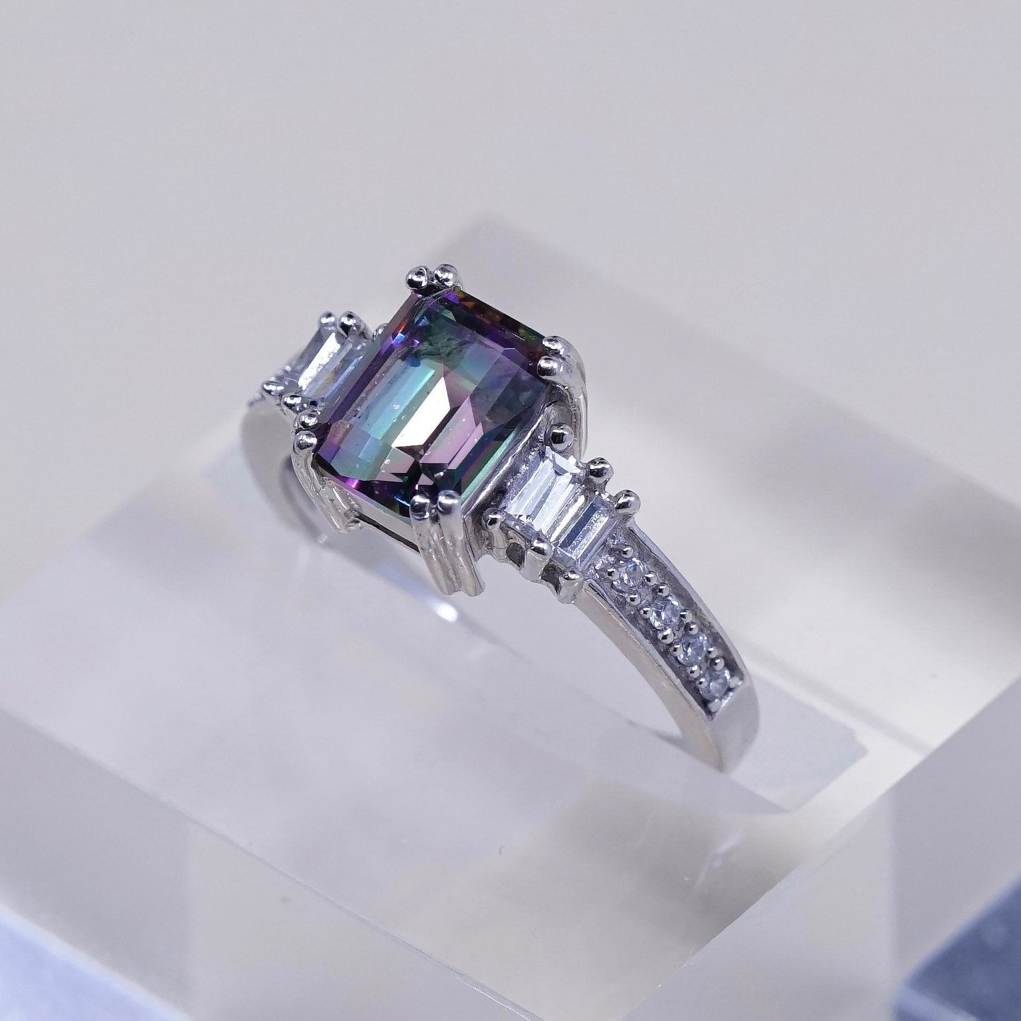 Size 7, vintage Sterling 925 silver handmade ring with rainbow topaz and Cz