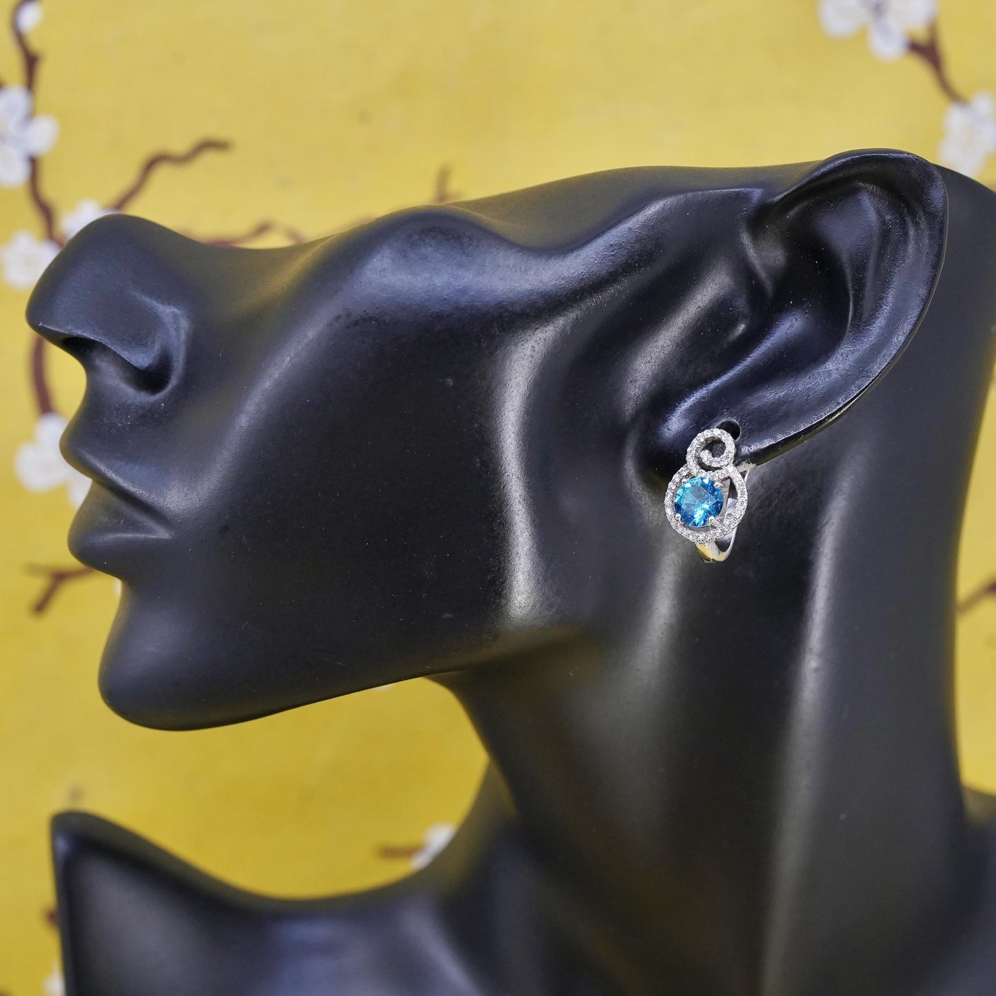 Vintage Sterling silver earrings, 925 Huggie hoops cluster cz blue crystal