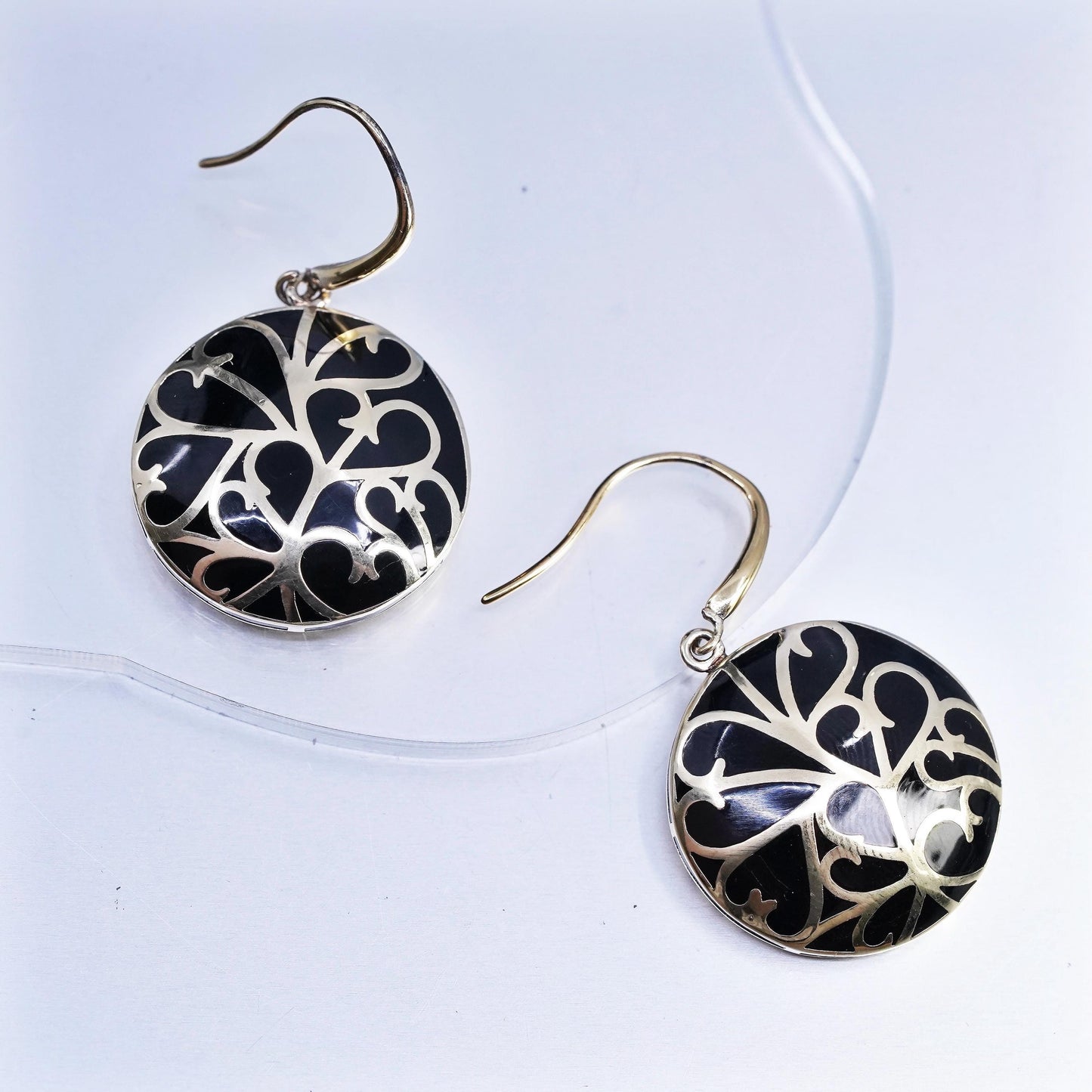 Vintage gold plated Sterling 925 silver circle spiral earrings black enamel