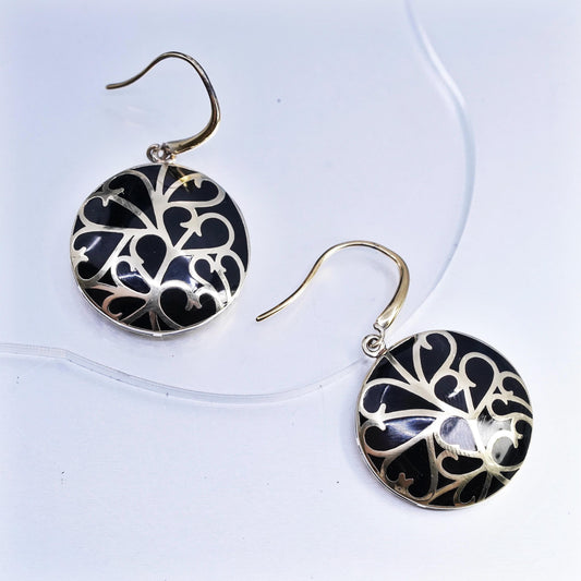 Vintage gold plated Sterling 925 silver circle spiral earrings black enamel