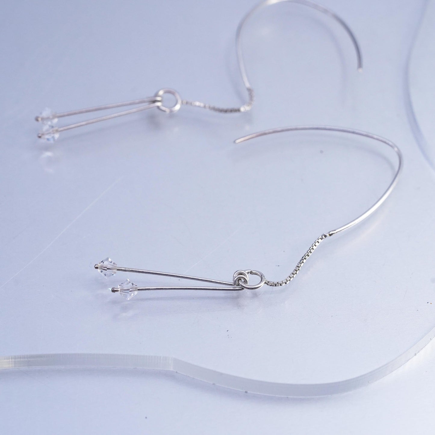 Vintage Sterling 925 silver handmade box chain fringe earrings clear crystal